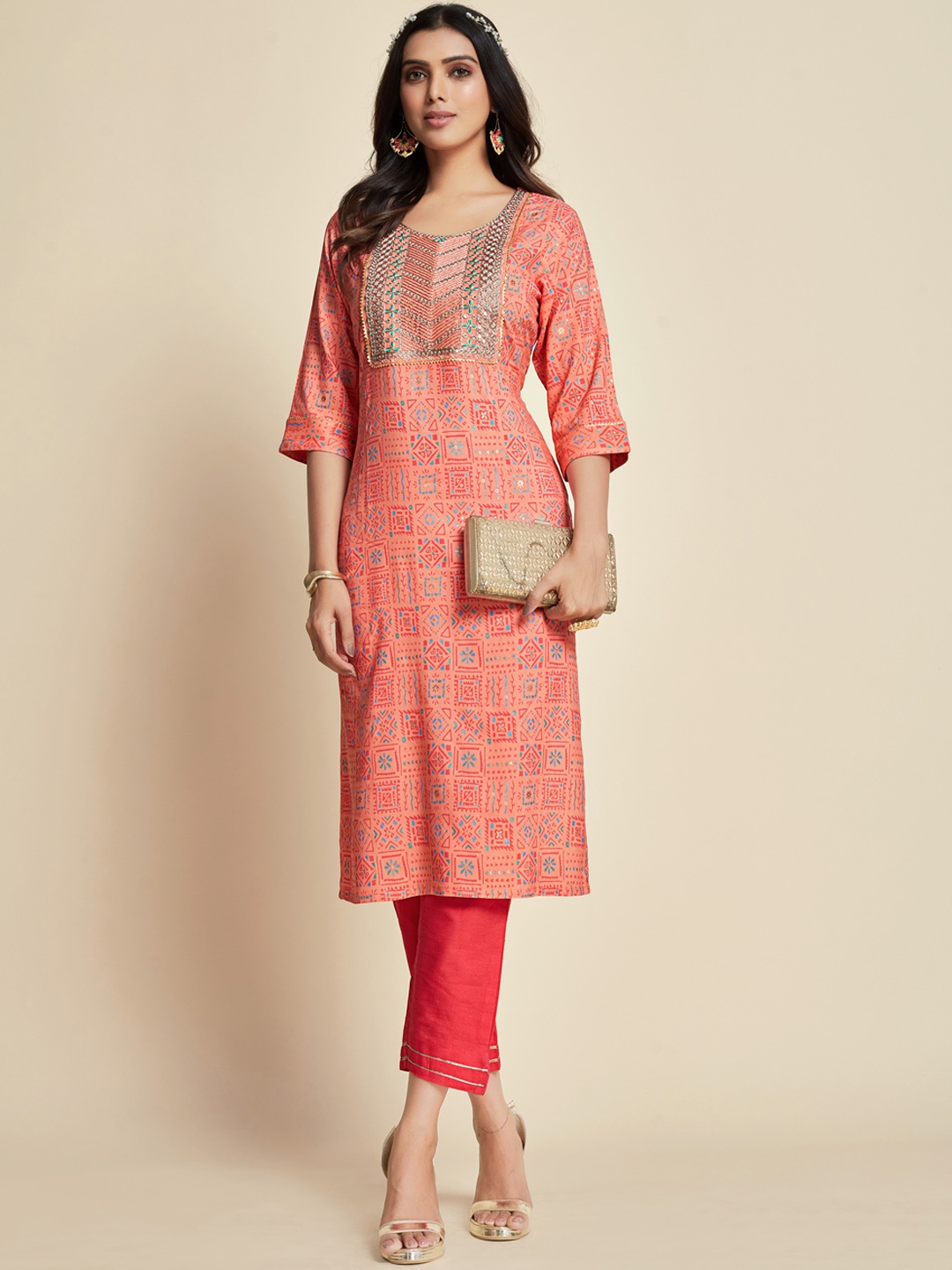 

Ishin Peach-Coloured & Blue Ethnic Motifs Embroidered Sequined Kurta