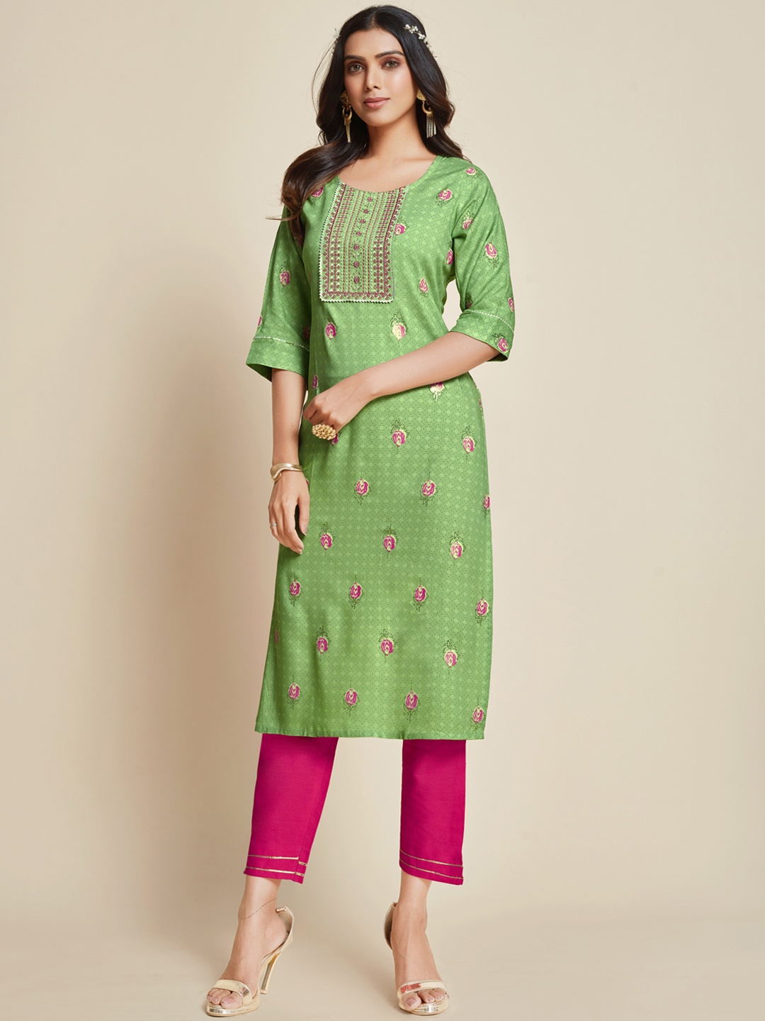 

Ishin Green & Pink Ethnic Motifs Printed Thread Work Gotta Patti Kurta