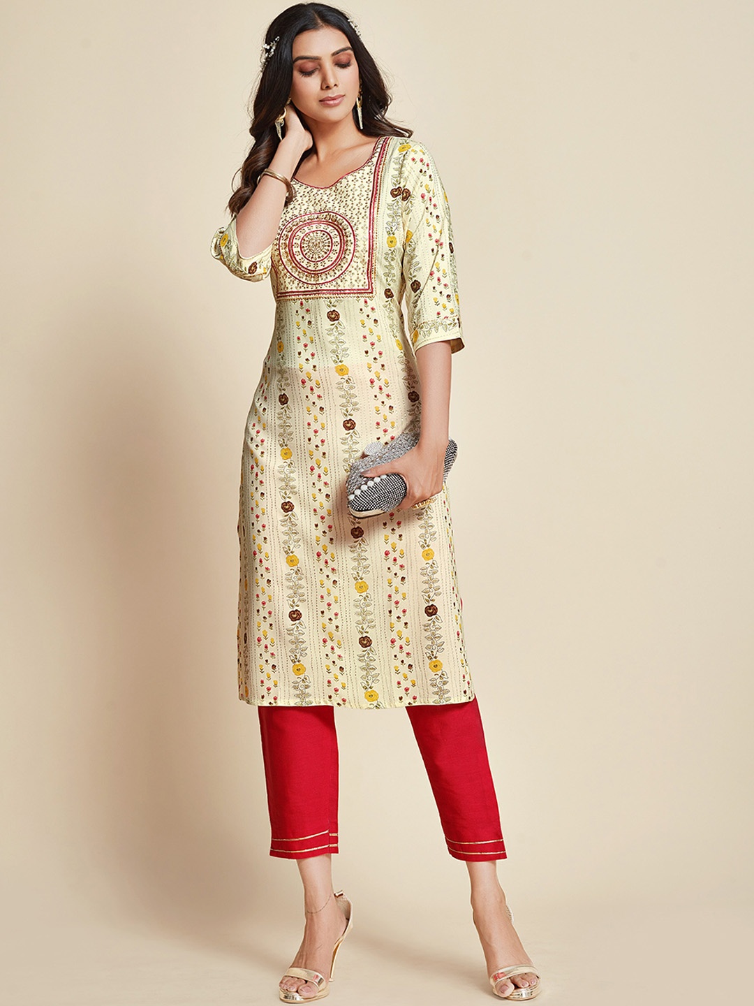 

Ishin Cream-Coloured & Red Ethnic Motifs Printed Sequined Kurta