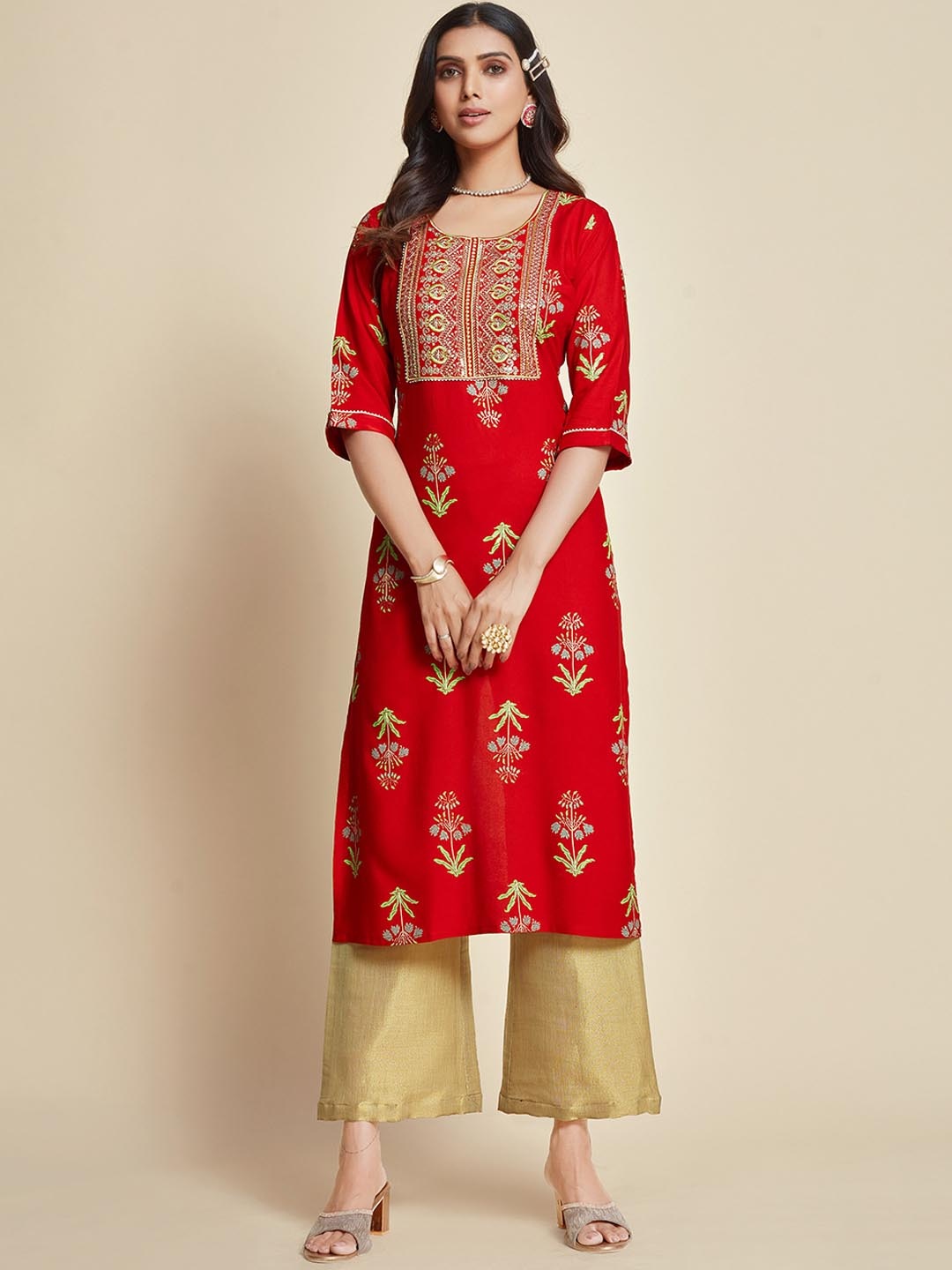 

Ishin Red & Green Floral Printed Thread Work Sequined Kurta