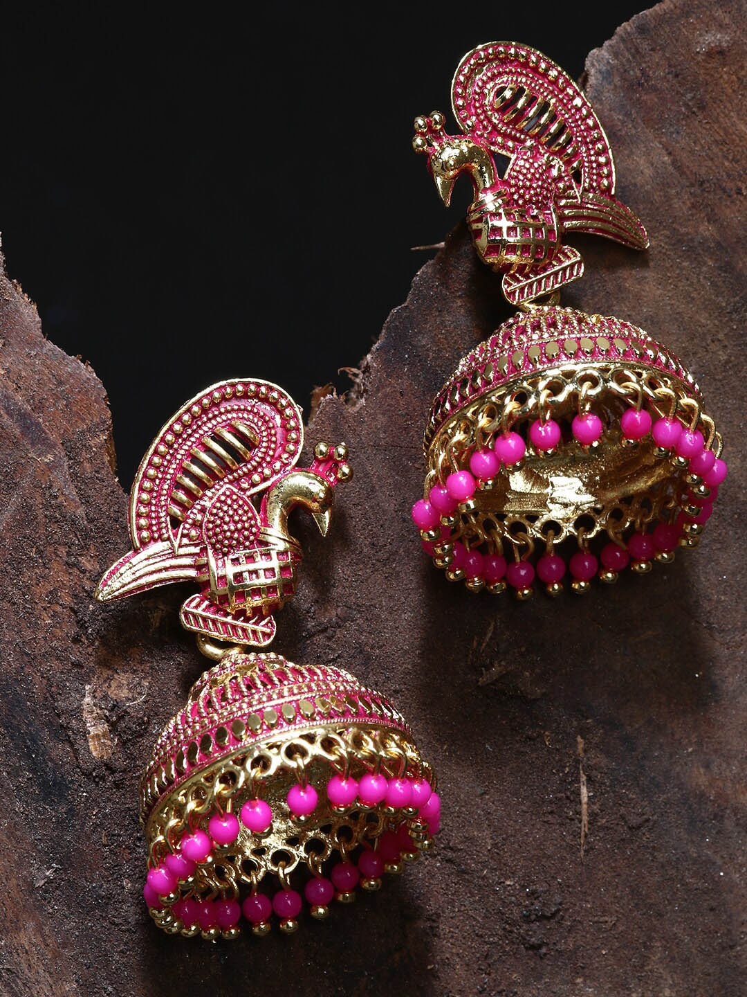 

ANIKAS CREATION Gold-Plated Stone Studded & Beaded Peacock Shaped Jhumkas