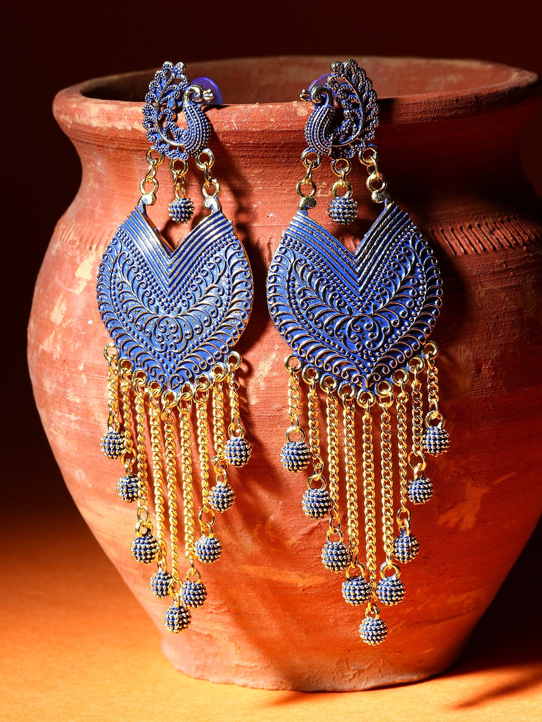 

ANIKAS CREATION Gold-Plated Stone Studded & Beaded Peacock Shaped Drop Earrings