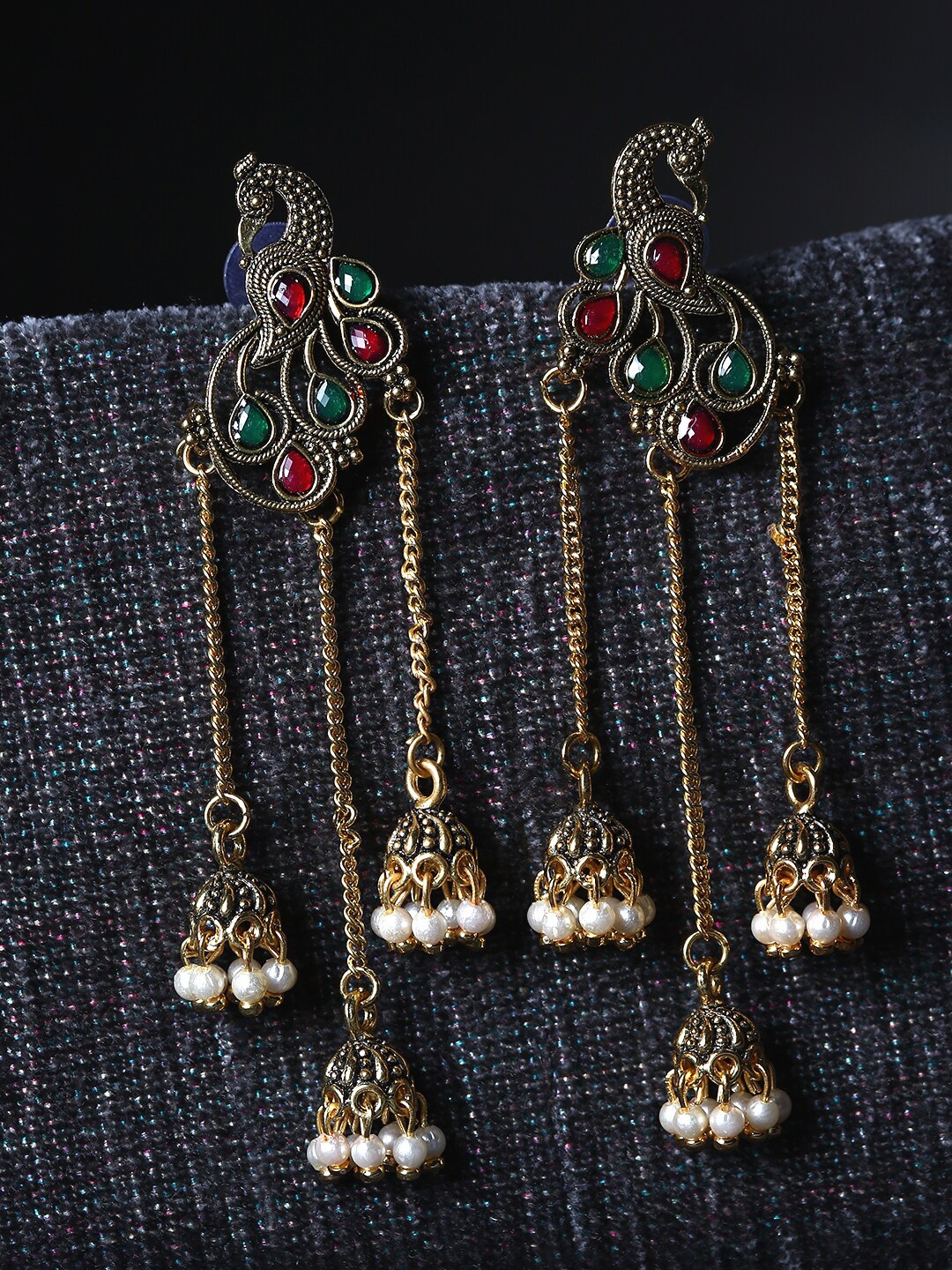 

ANIKAS CREATION Gold-Plated Stone Studded & Beaded Peacock Shaped Drop Earrings