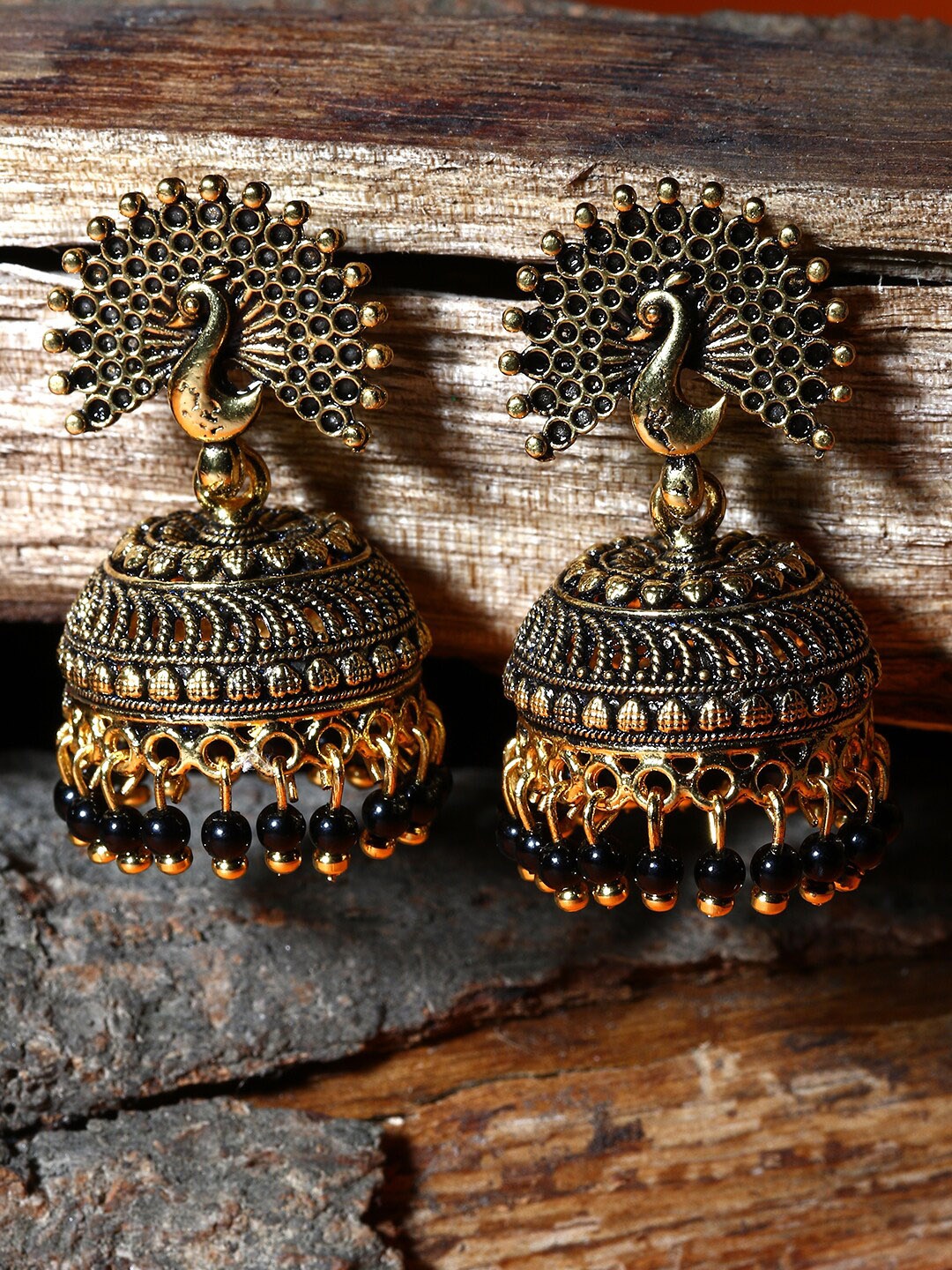 

ANIKAS CREATION Gold-Plated Stone Studded & Beaded Peacock Shaped Jhumkas