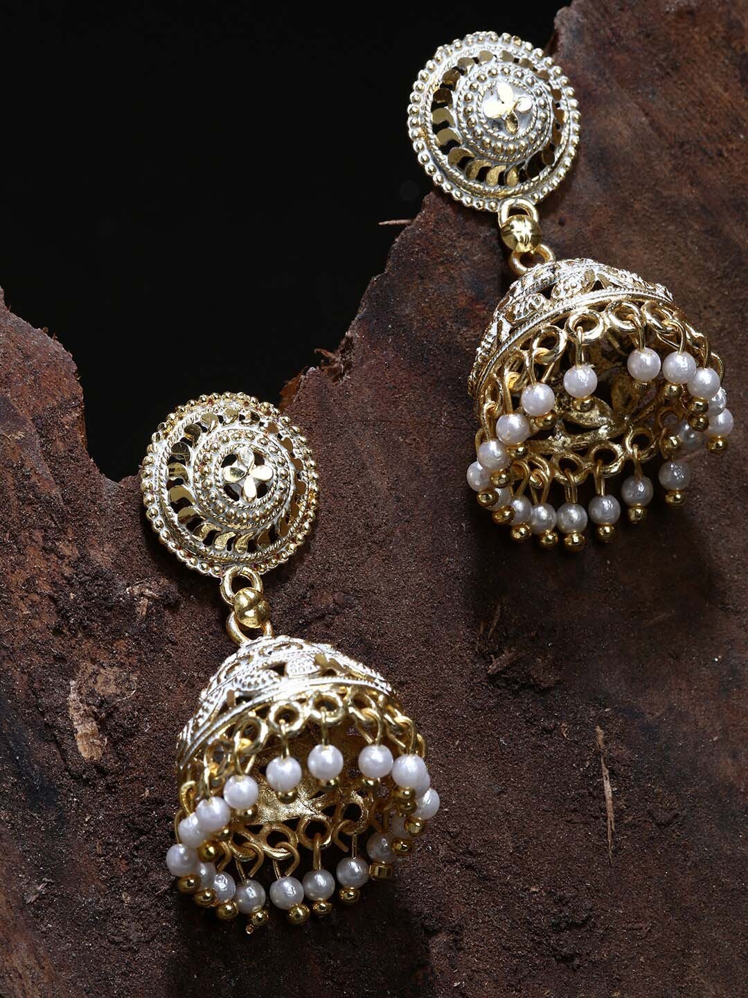 

ANIKAS CREATION Gold-Plated Artificial Beads Contemporary Jhumkas, White
