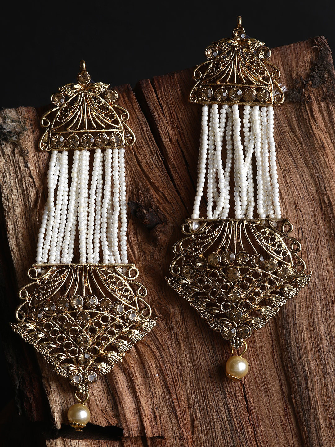 

ANIKAS CREATION Gold-Plated Artificial Beads Contemporary Drop Earrings, White