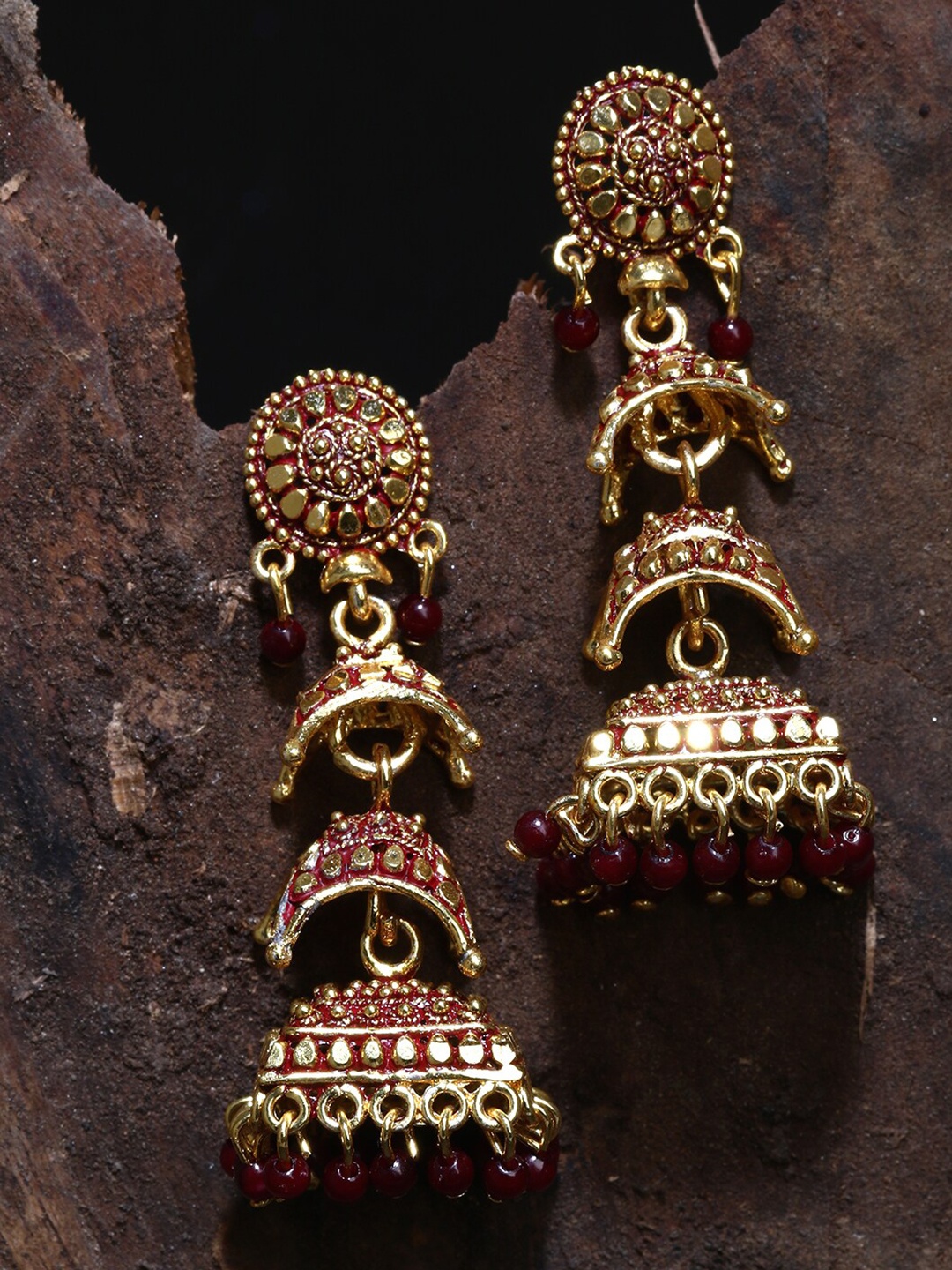 

ANIKAS CREATION Gold-Plated Artificial Beads Contemporary Jhumkas, Maroon