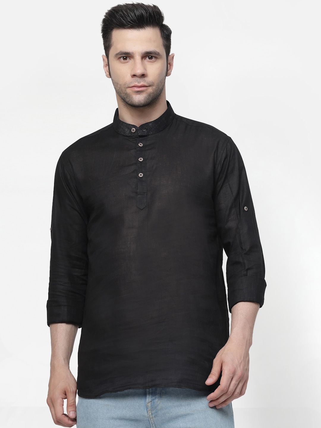allan peter Band Collar Pure Cotton Kurta, Black