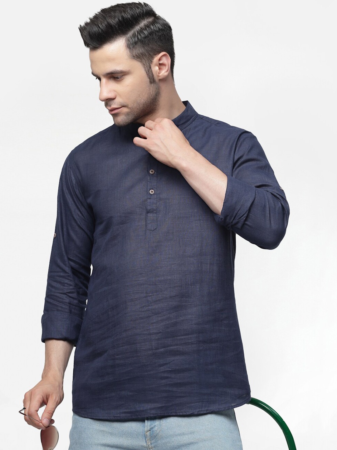 

allan peter Band Collar Pure Cotton Kurta, Blue