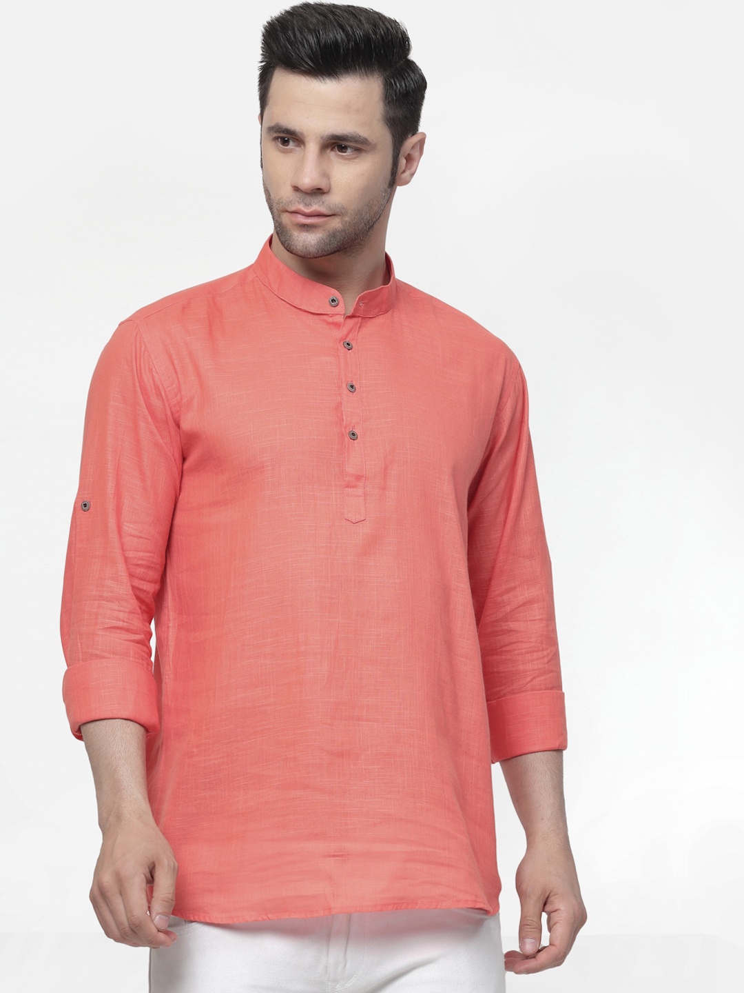 allan peter Band Collar Pure Cotton Kurta, Peach