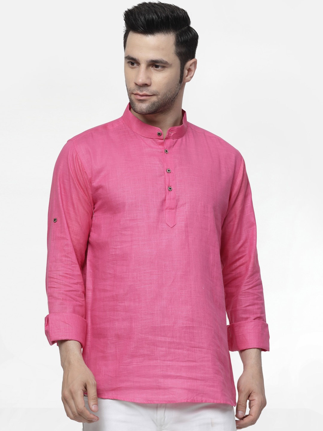 allan peter Band Collar Pure Cotton Kurta, Pink