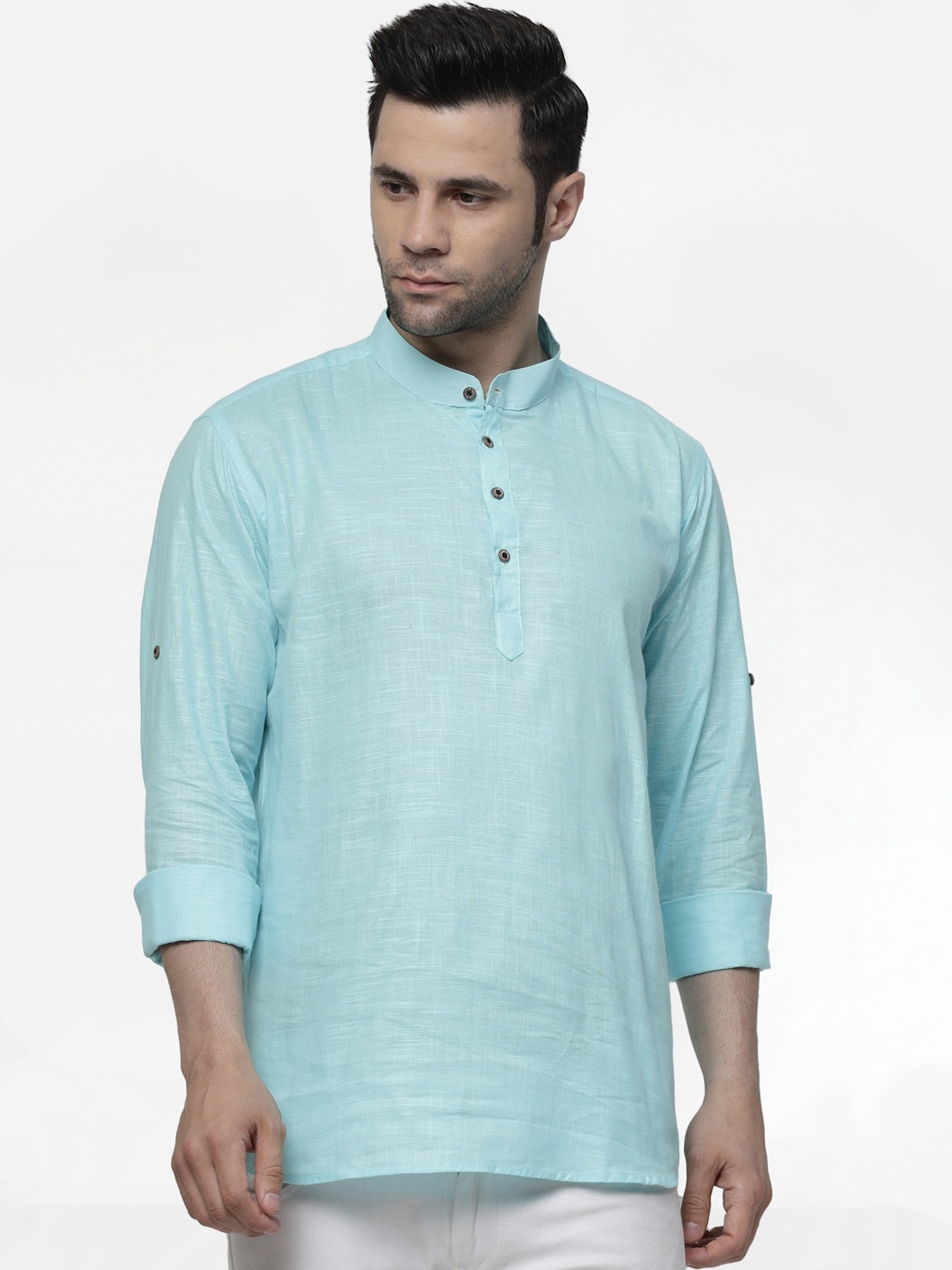 allan peter Band Collar Pure Cotton Kurta, Blue