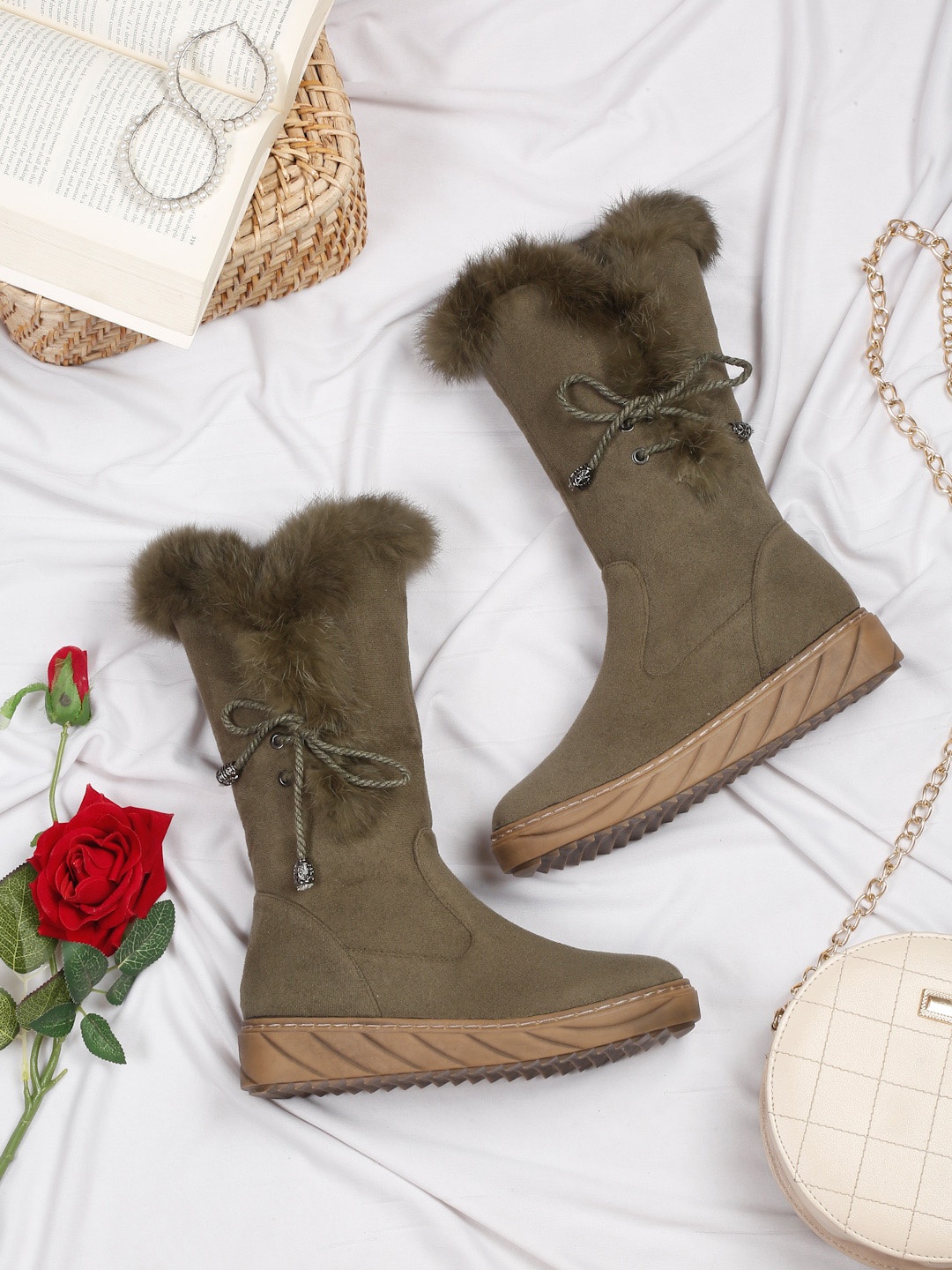 

pelle albero Women Faux Fur Trim High-Top Winter Boots, Olive