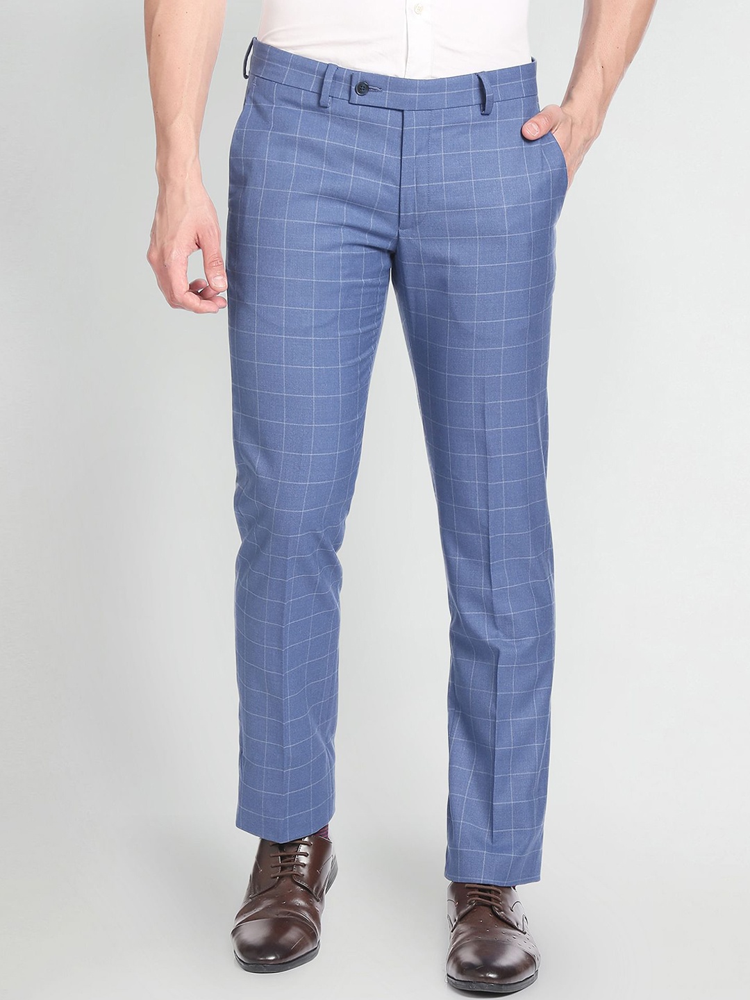 

Arrow Men Windowpane Checked Slim Fit Formal Trousers, Blue
