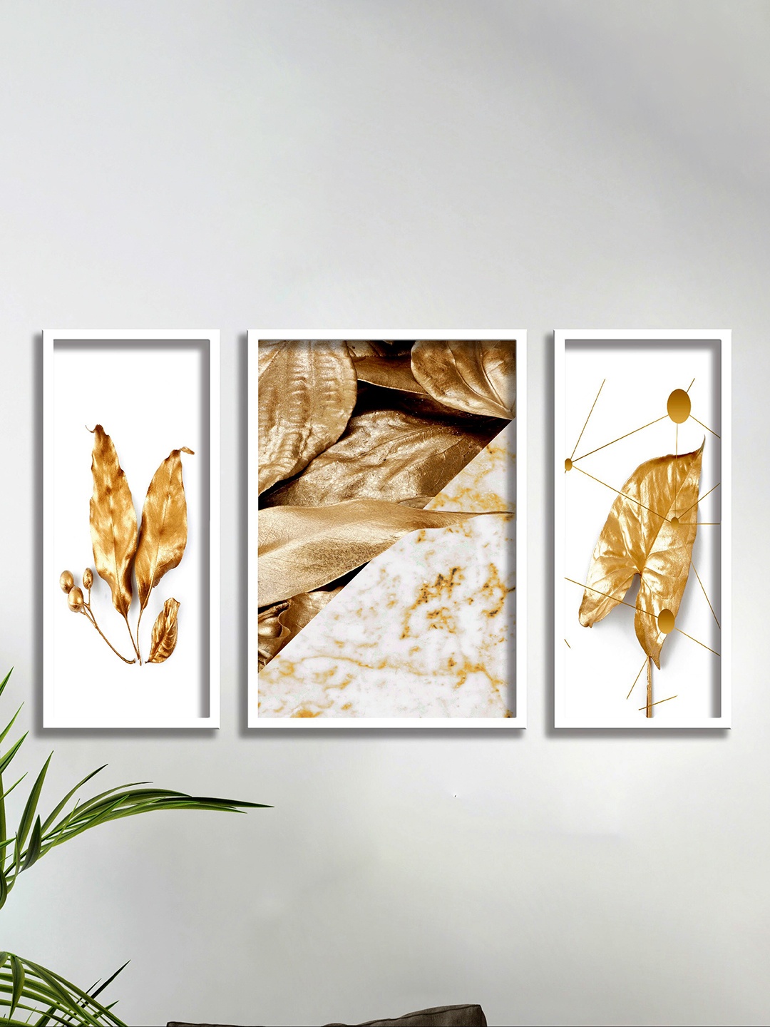 

SAF Yellow & White 3-Pieces Golden Leaves Printed Framed Wall Art