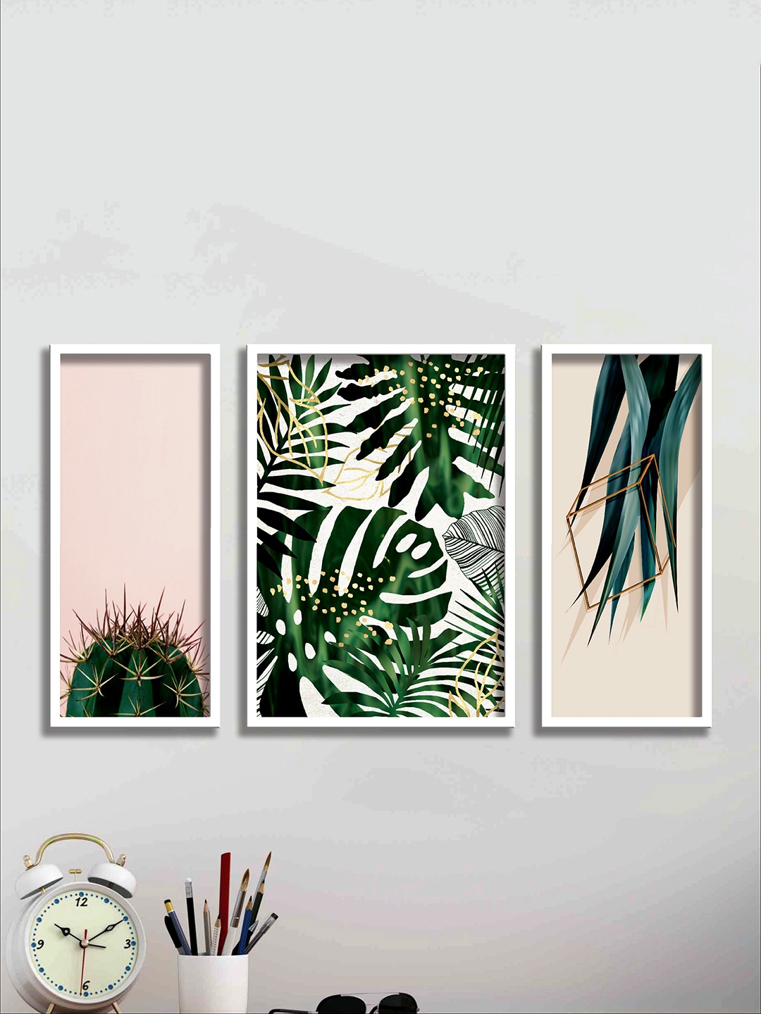 

SAF Green & White 3-Pieces Tropical Leaves Printed Framed Wall Art