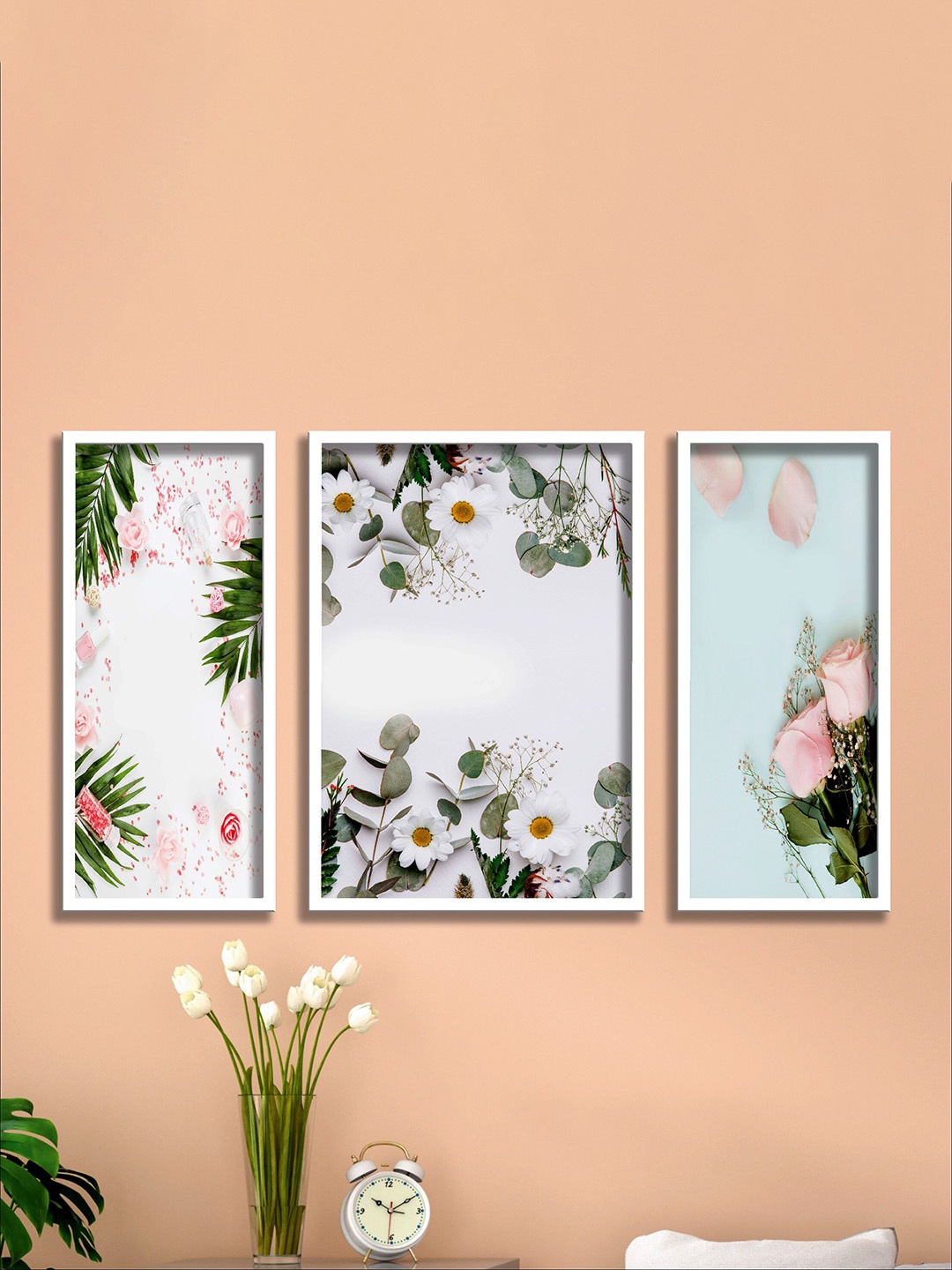 

SAF 3-Pcs White & Pink Floral Design MDF Wooden Wall Art