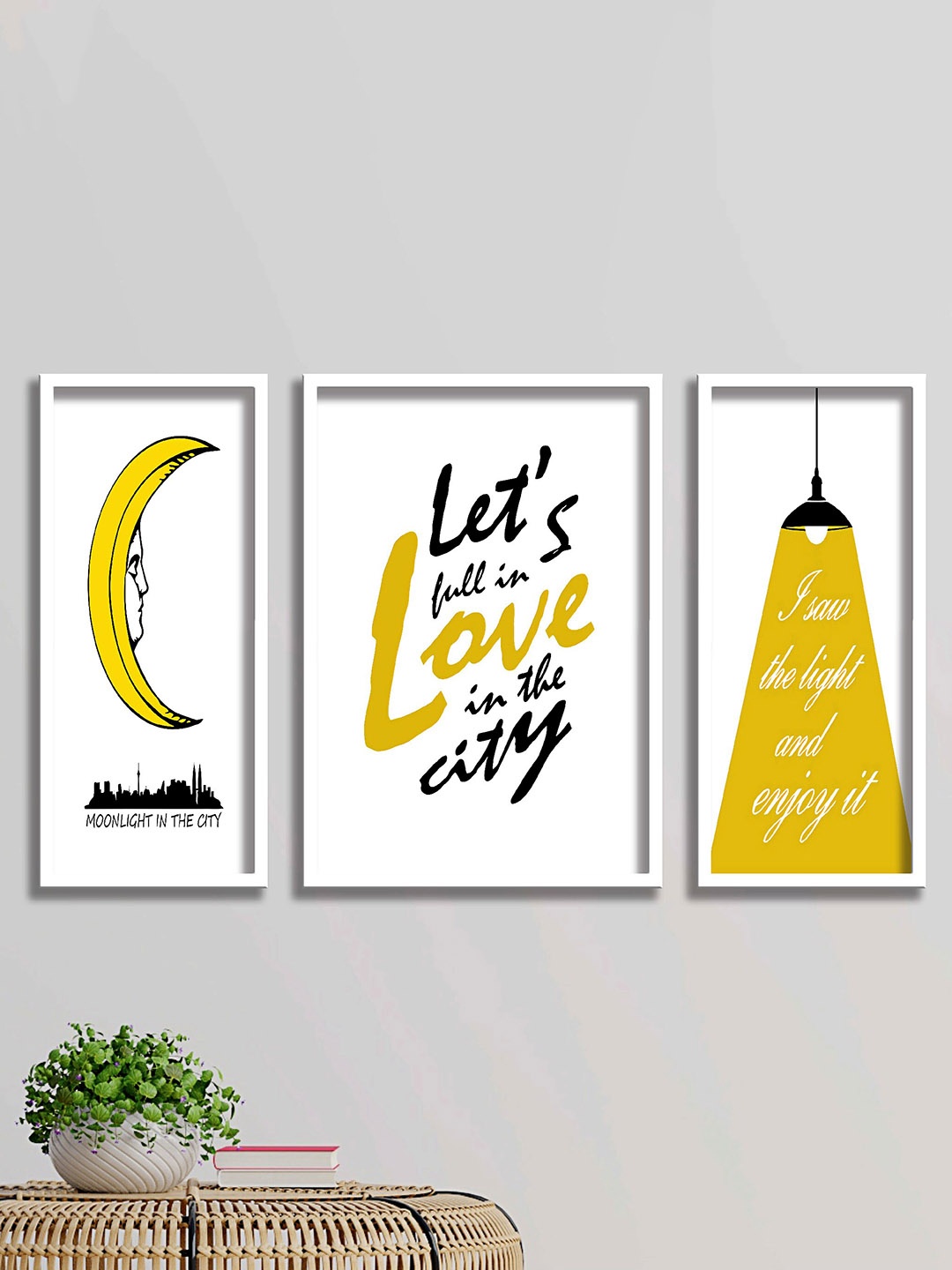 

SAF White & Yellow 3 Pieces White & Yellow Printed Framed Wooden Wall Art