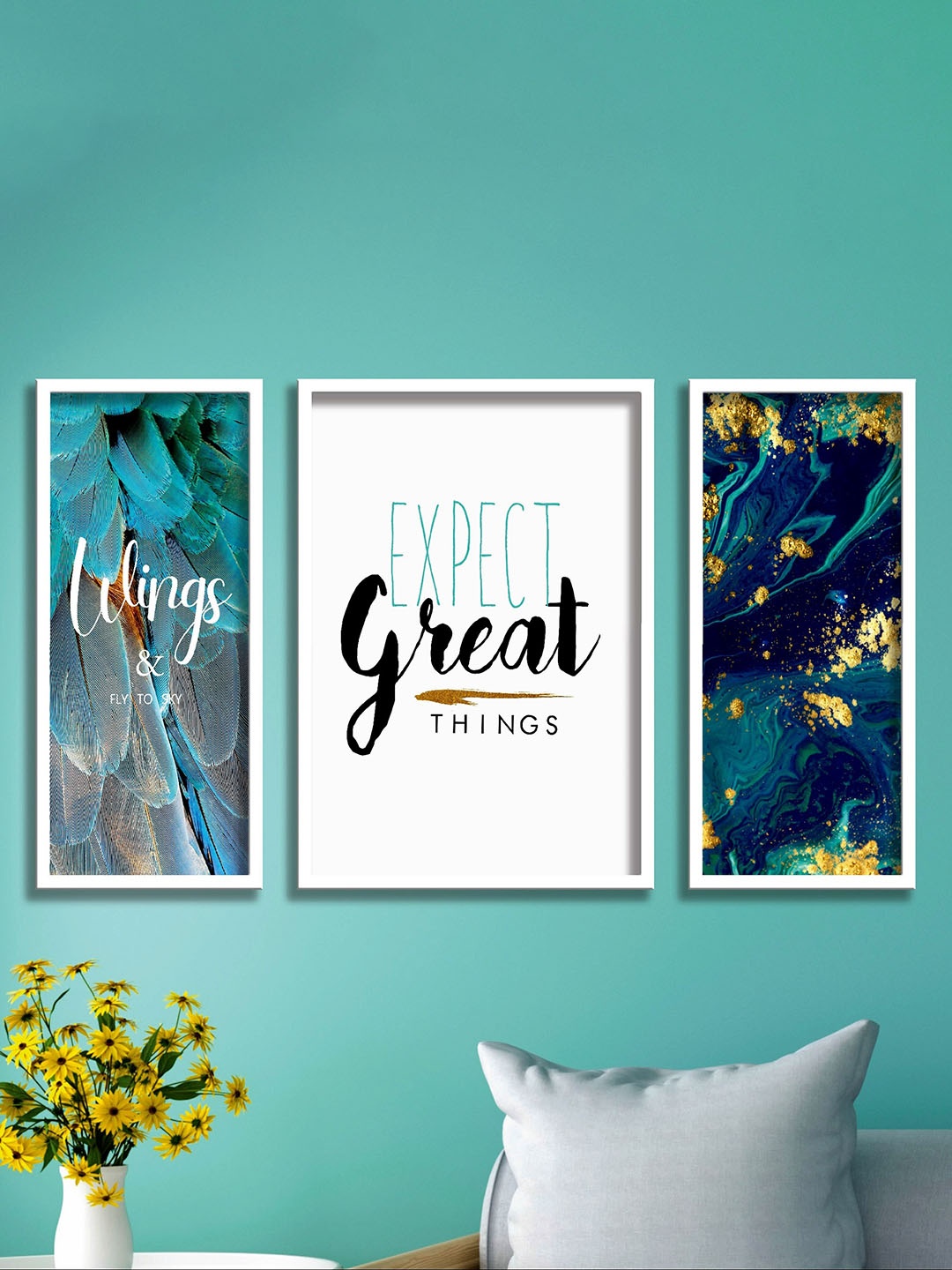 

SAF 3-Pcs White & Blue Motivational Quotes Painting Wall Art