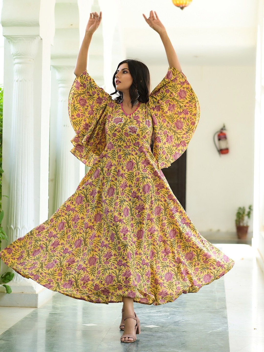 

Hatheli Floral Print Flutter Sleeve Fit & Flare Maxi Dress, Yellow
