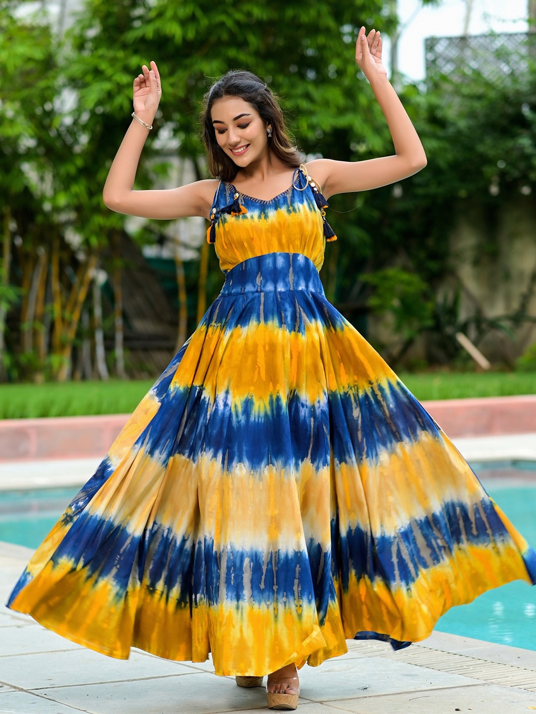 

Hatheli Tie and Dyed Cotton Fit & Flare Maxi Dress, Mustard