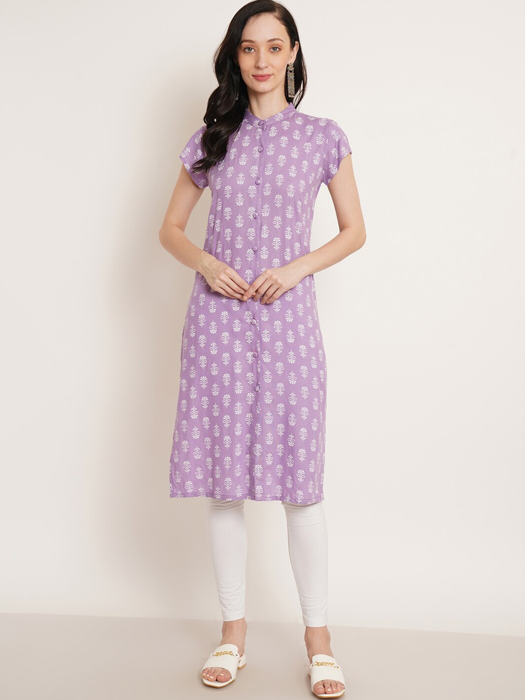 

U&F Lavender & White Floral Printed Band Collar Kurta