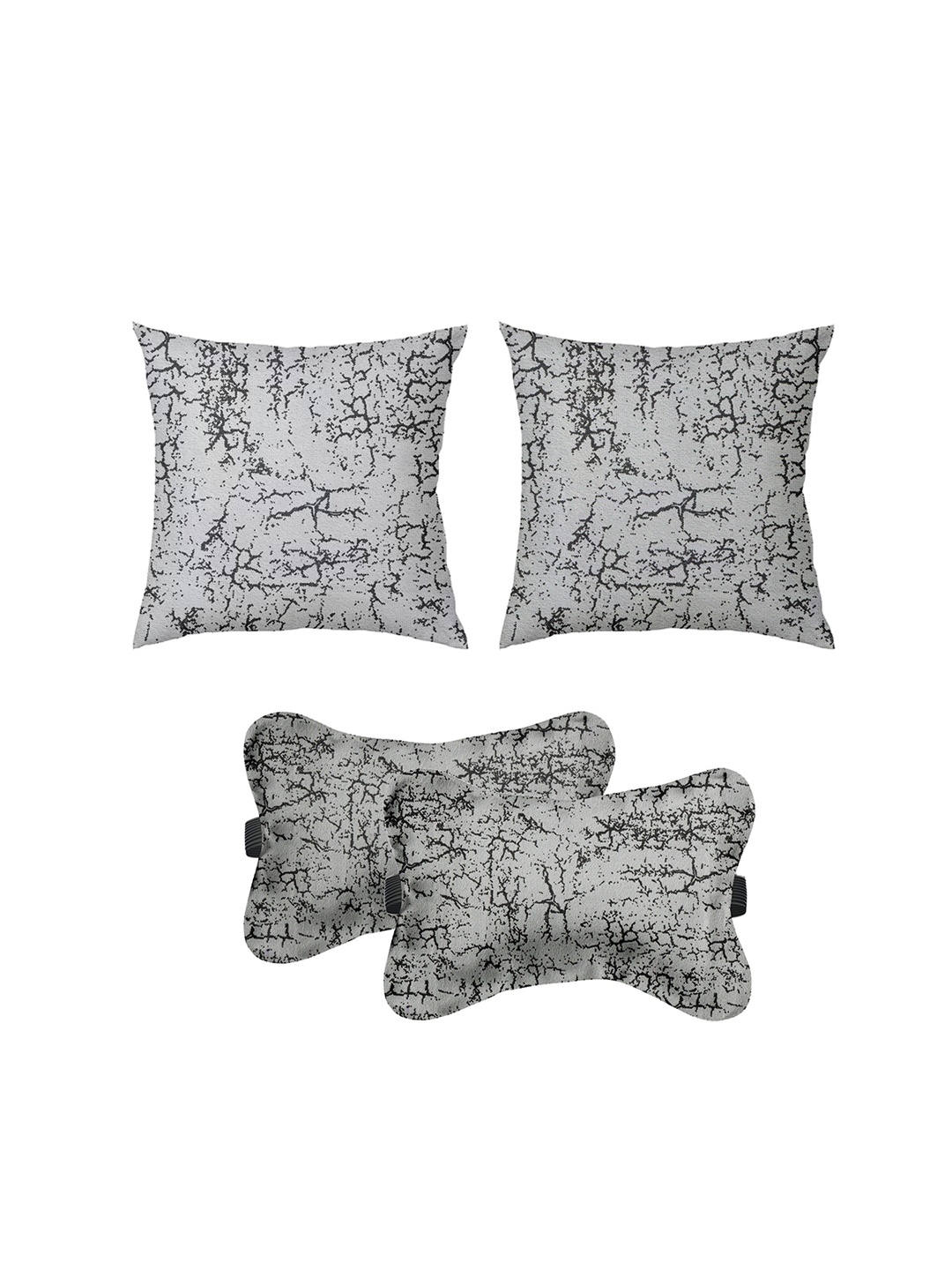 

Lushomes Set Of 2 Printed Velvet Neck Cushions & Set Of 2 Back and Seat Rest, Grey