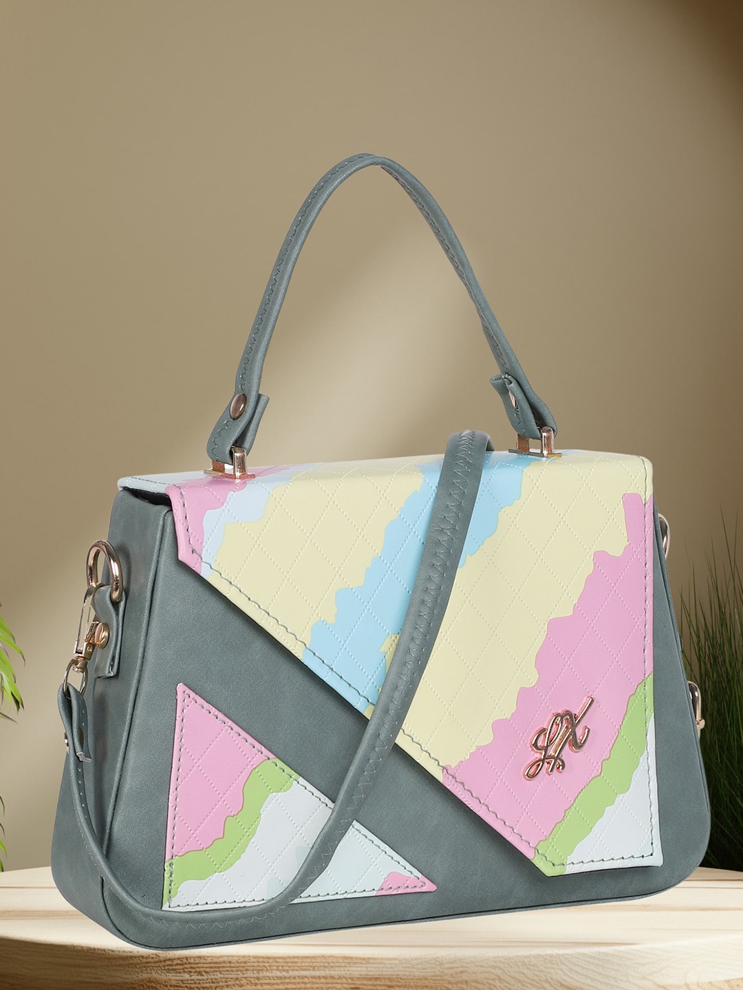 

LEKHX Colourblocked Structured Handheld Bag, Grey