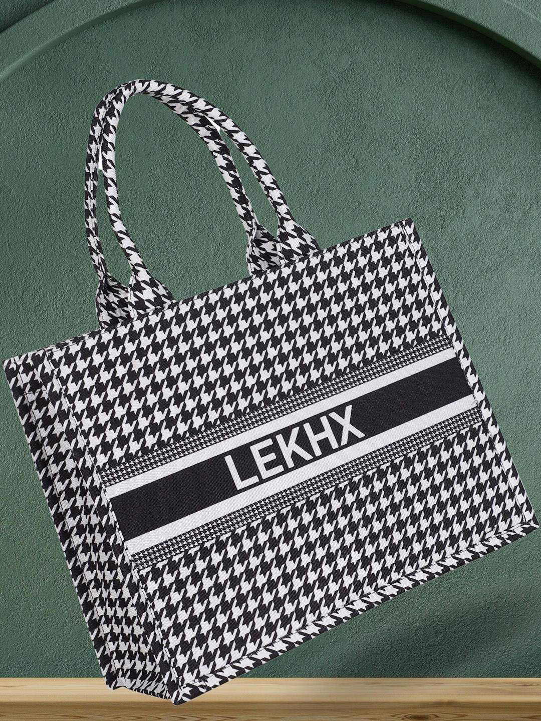 

LEKHX Typography Printed Structured Tote Bag, Black