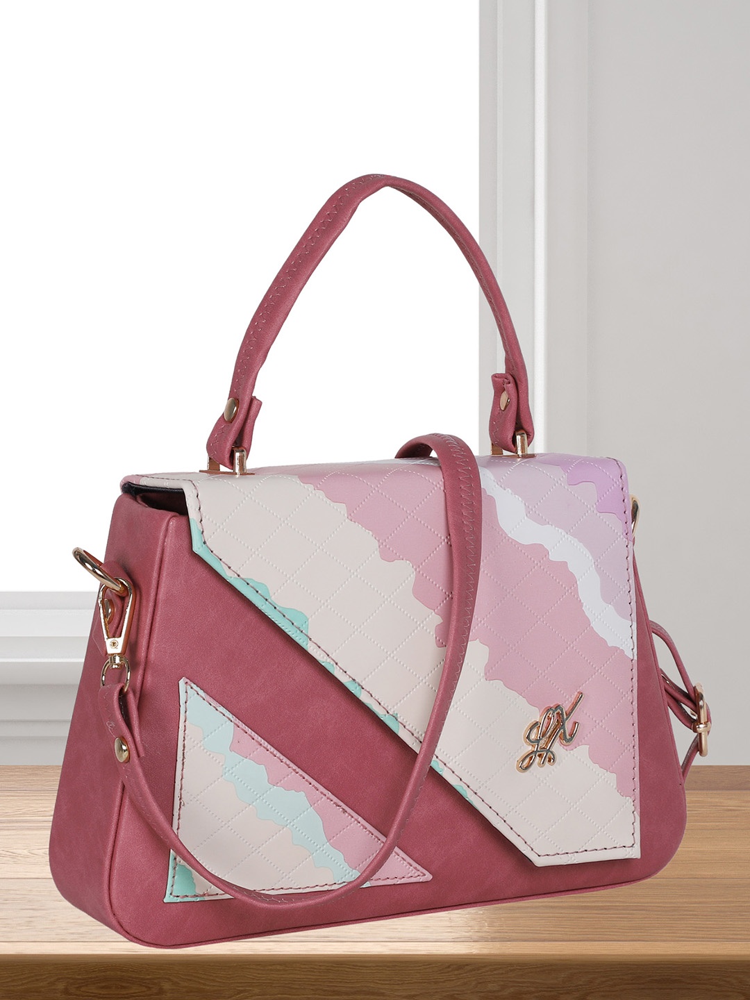 

LEKHX Colourblocked Structured Handheld Bag, Pink