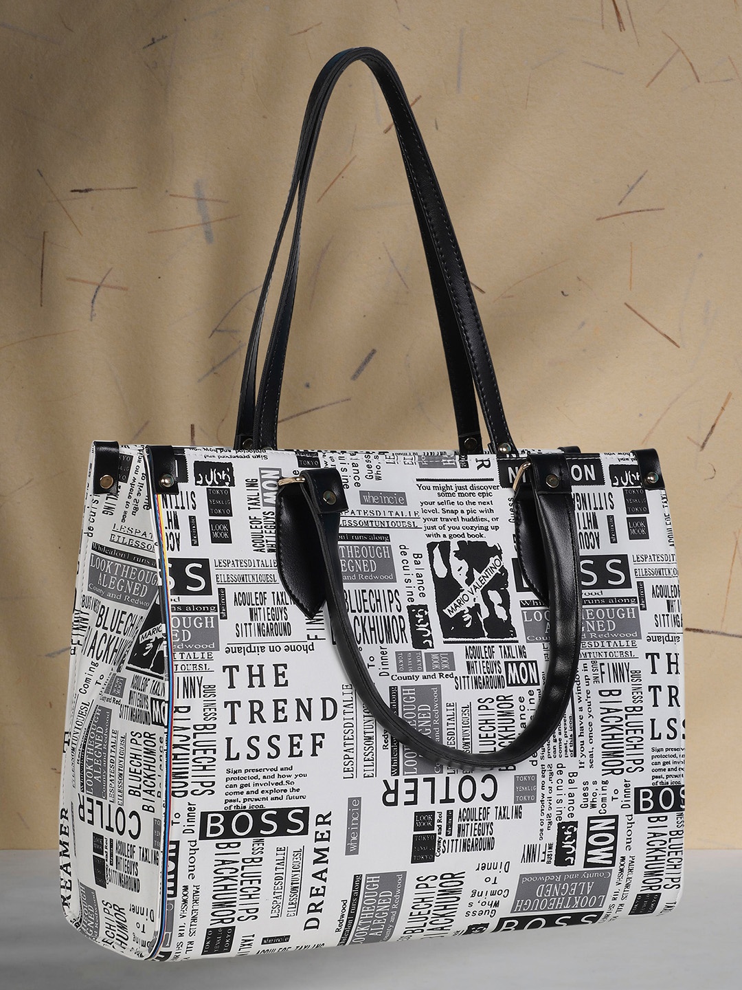 

LEKHX Typography Printed Structured Tote Bag, White