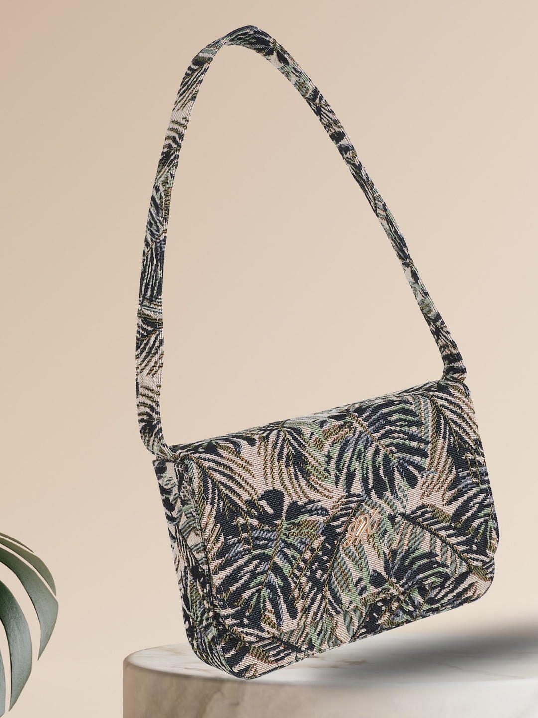 

LEKHX Floral Printed Structured Handheld Bag, Beige
