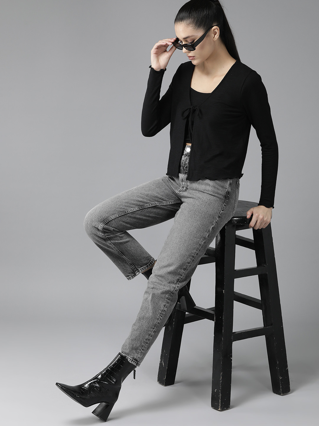 

Roadster Solid Fitted Crop Top with Shrug, Black