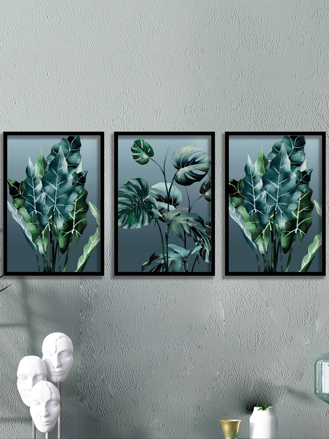 

SAF Green 3-Pieces Tropical Leaves Printed Framed Wall Art, Grey