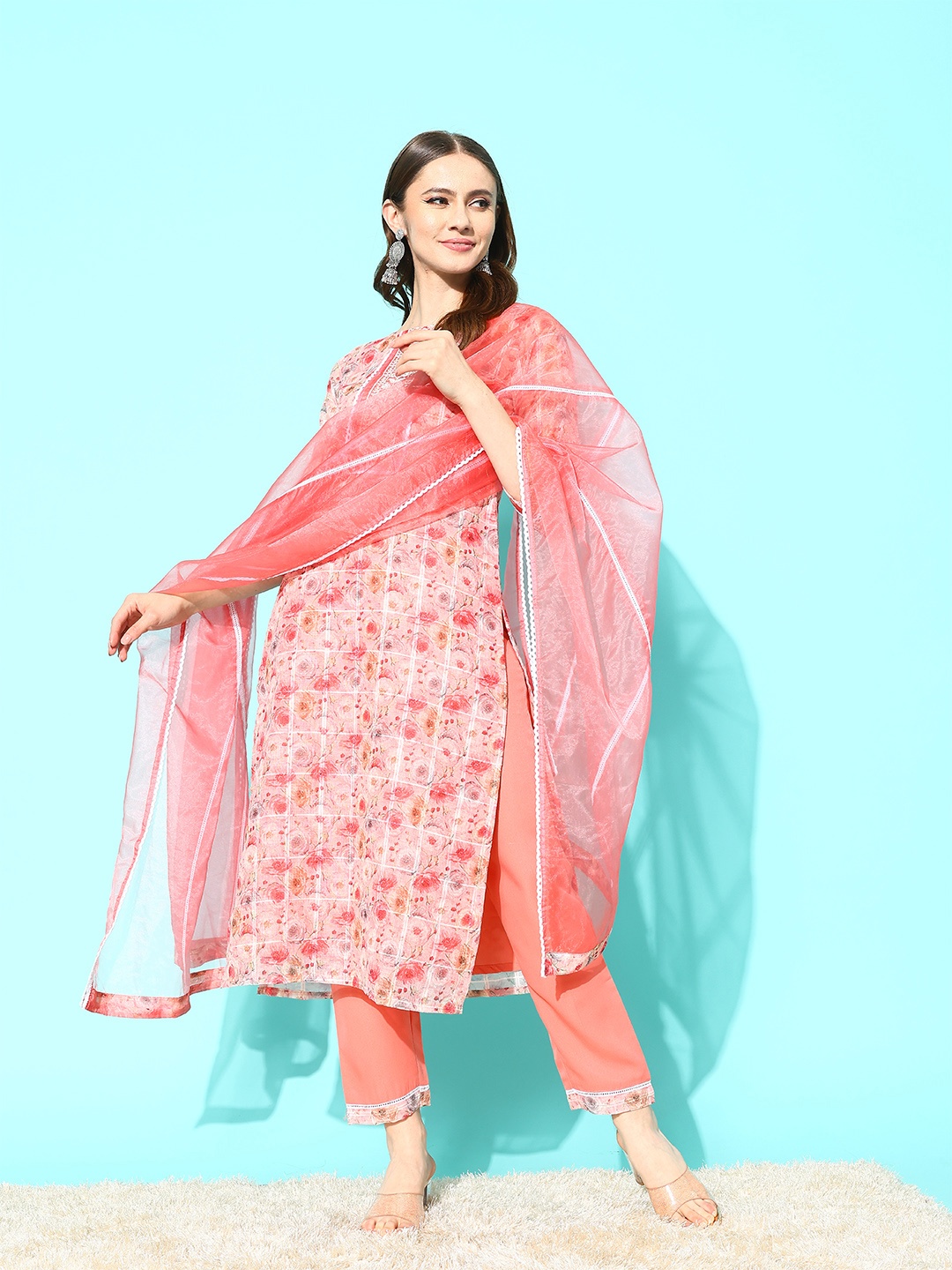 

Sangria Floral Embroidered Regular Thread Work Linen Kurta with Trousers & With Dupatta, Peach