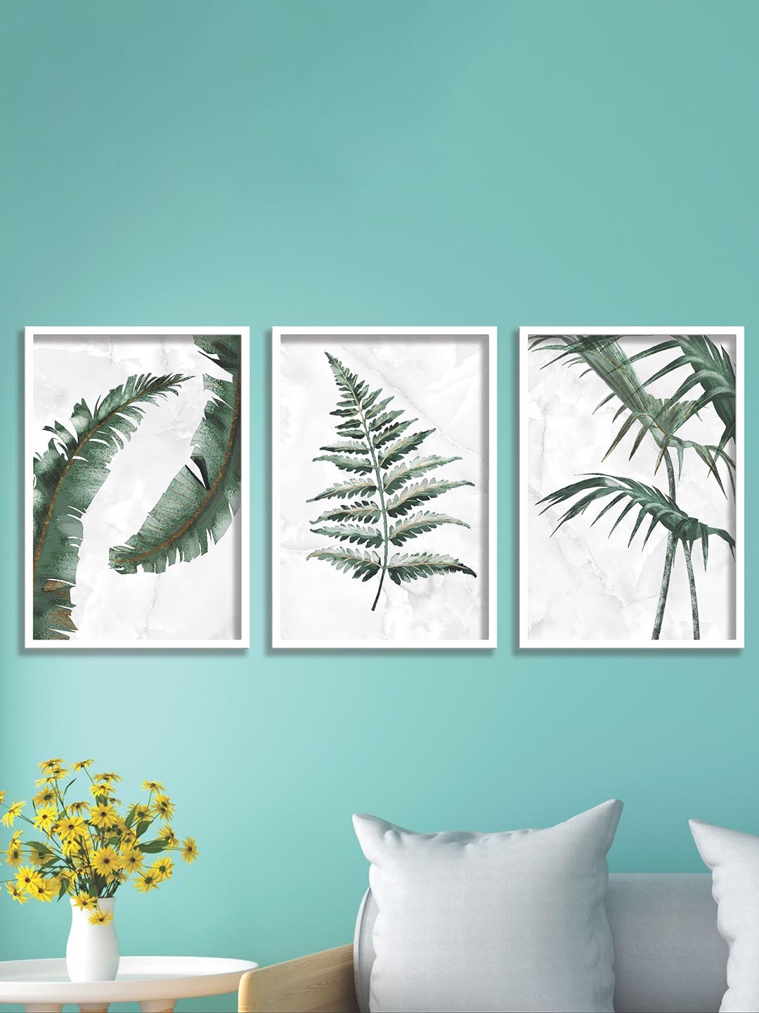 

SAF Green & White 3-Pcs Tropical Leaves Crisp UV Coating Wall Art