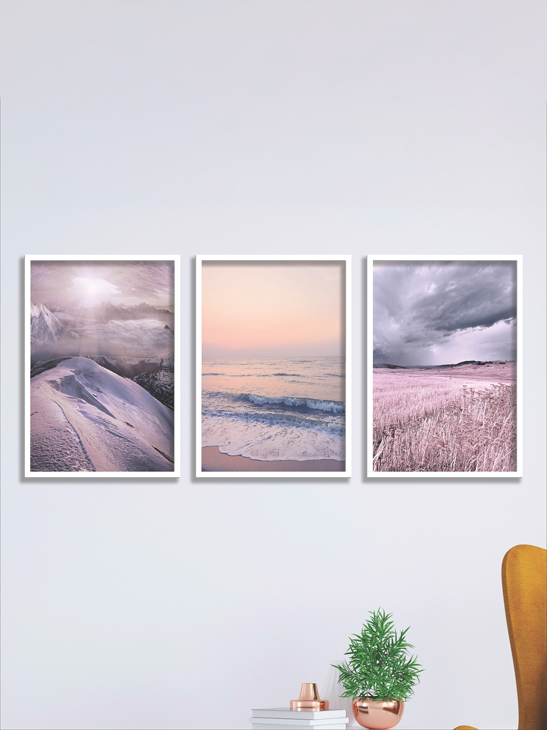 

SAF Purple & Peach Coloured 3 Pieces Sea Waves & Mountain Painting Wall Art