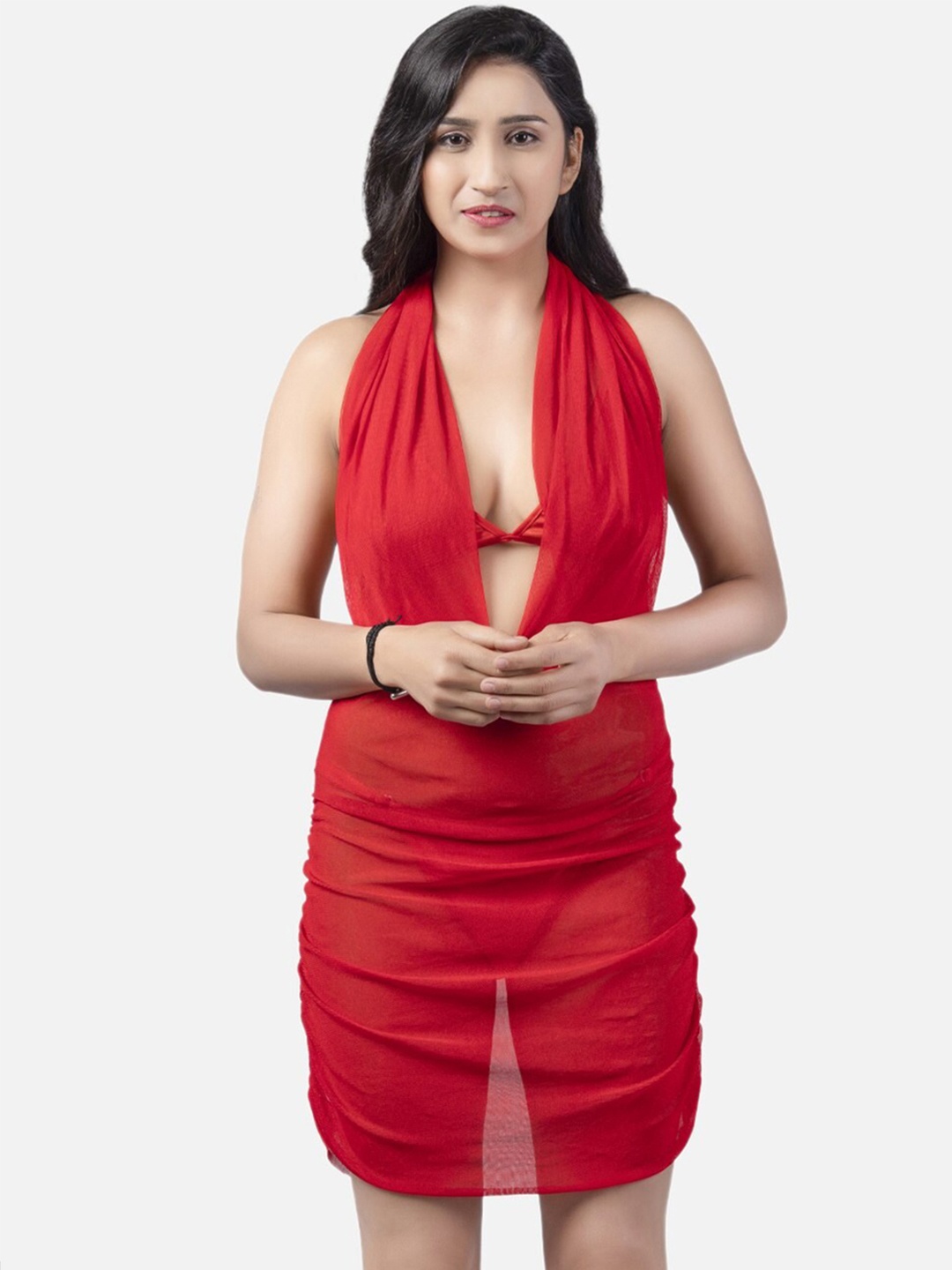 

Klamotten Ruched Halter Neck Sheer Baby Doll, Red