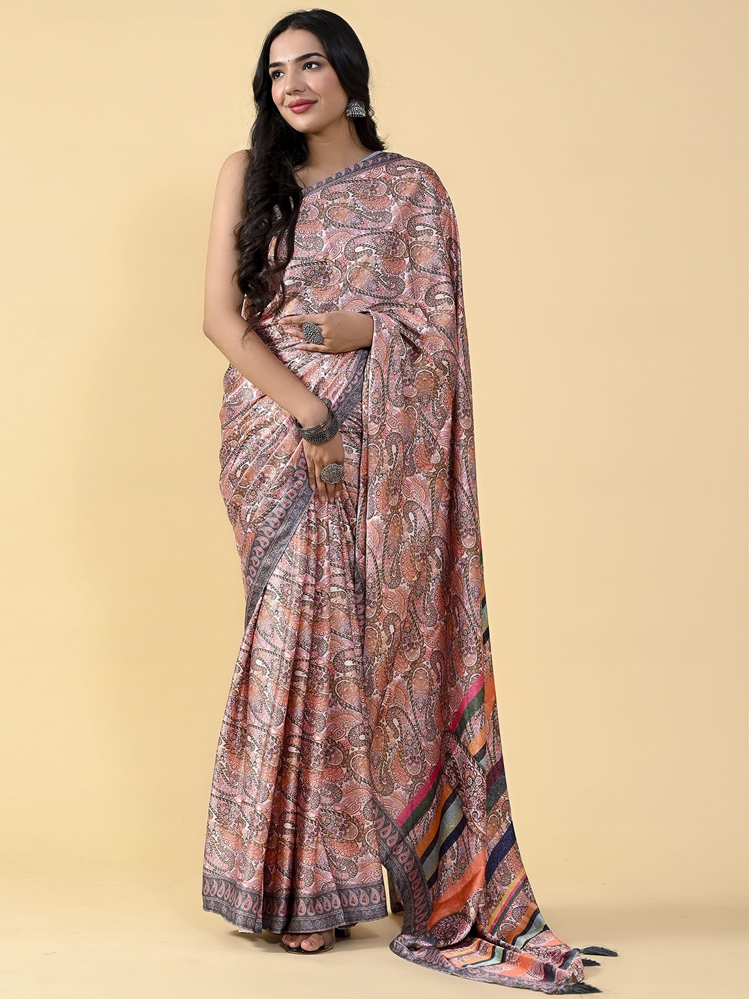 

elora Paisley Printed Satin Saree, Brown
