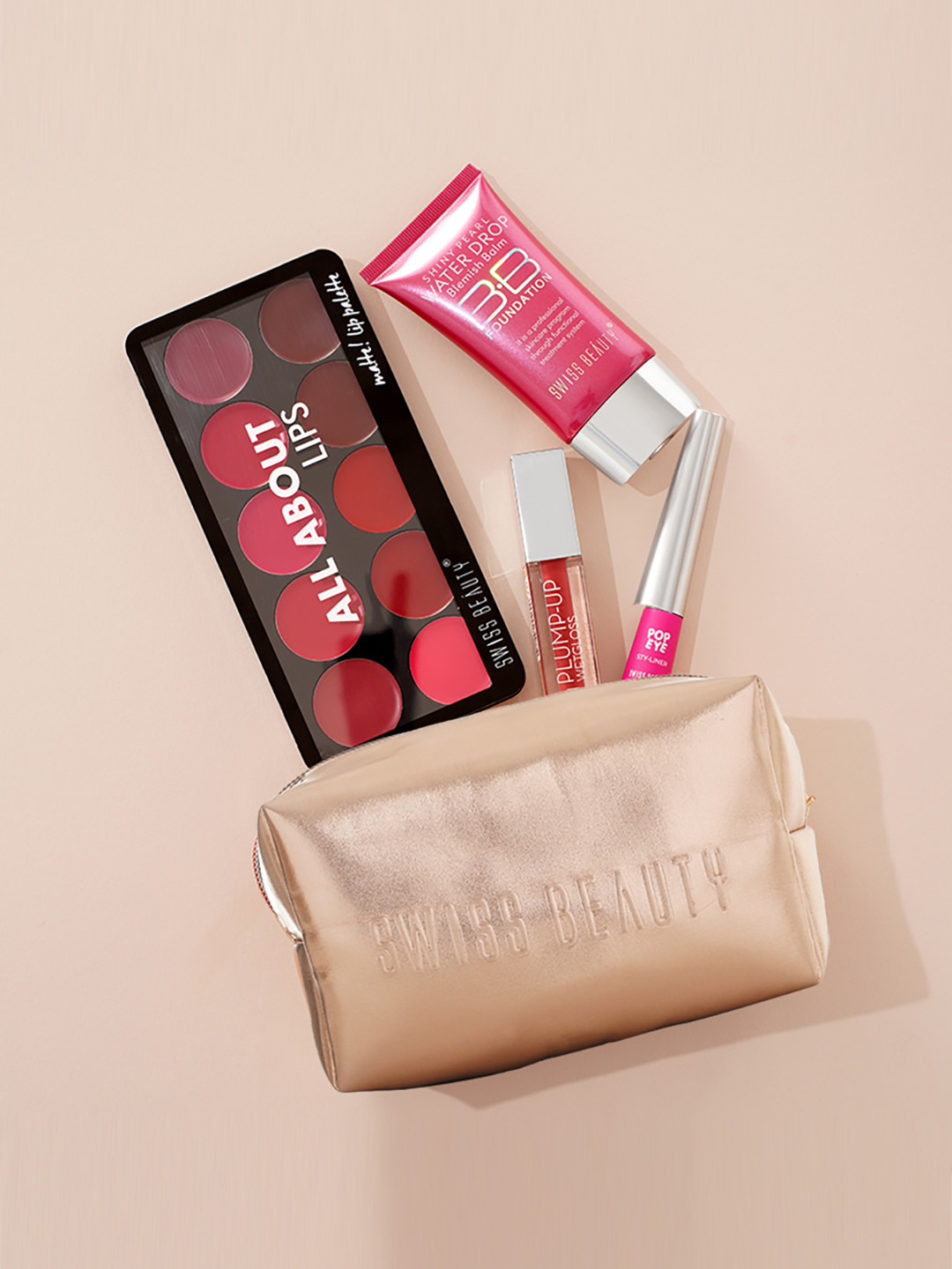 

SWISS BEAUTY Beginners Makeup Gift Set-BB Foundation+Lipstick Palette+Lip Gloss+Eye Liner, Red