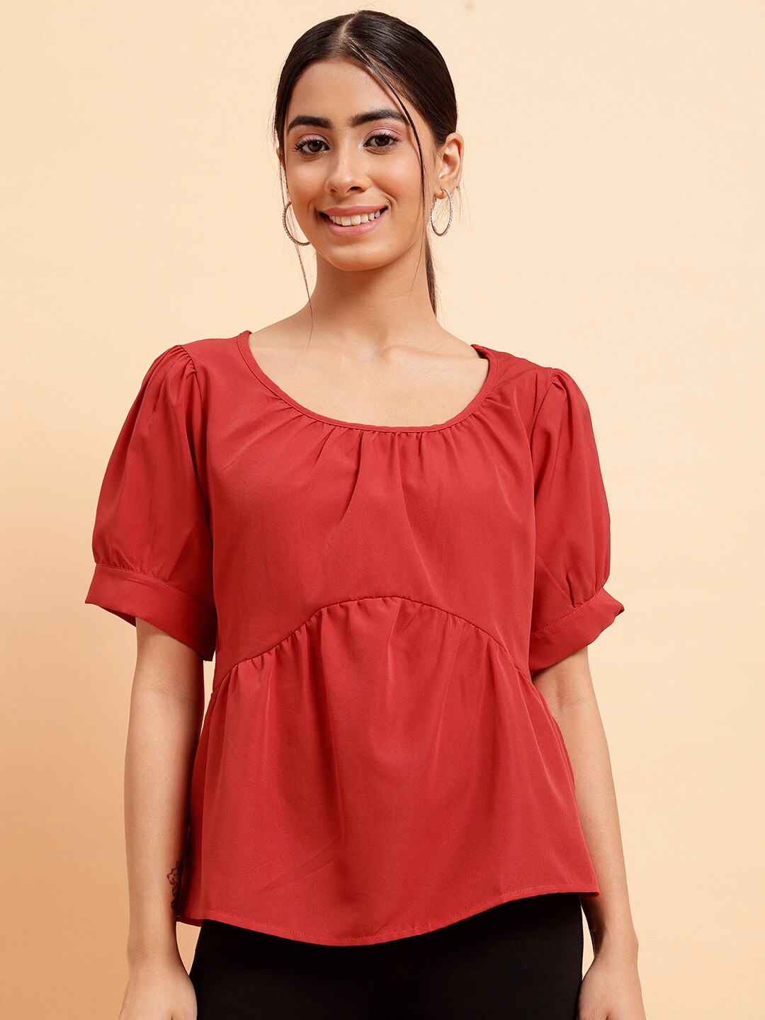 

MINT STREET Round Neck Puff Sleeve Crepe Peplum Top, Red
