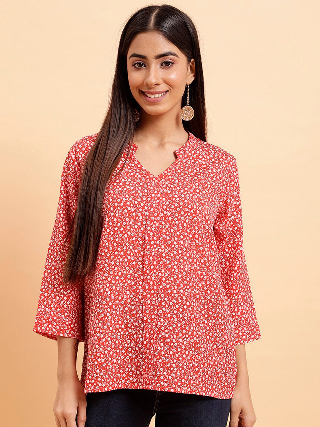 

MINT STREET Floral Print V-Neck Crepe Top, Red