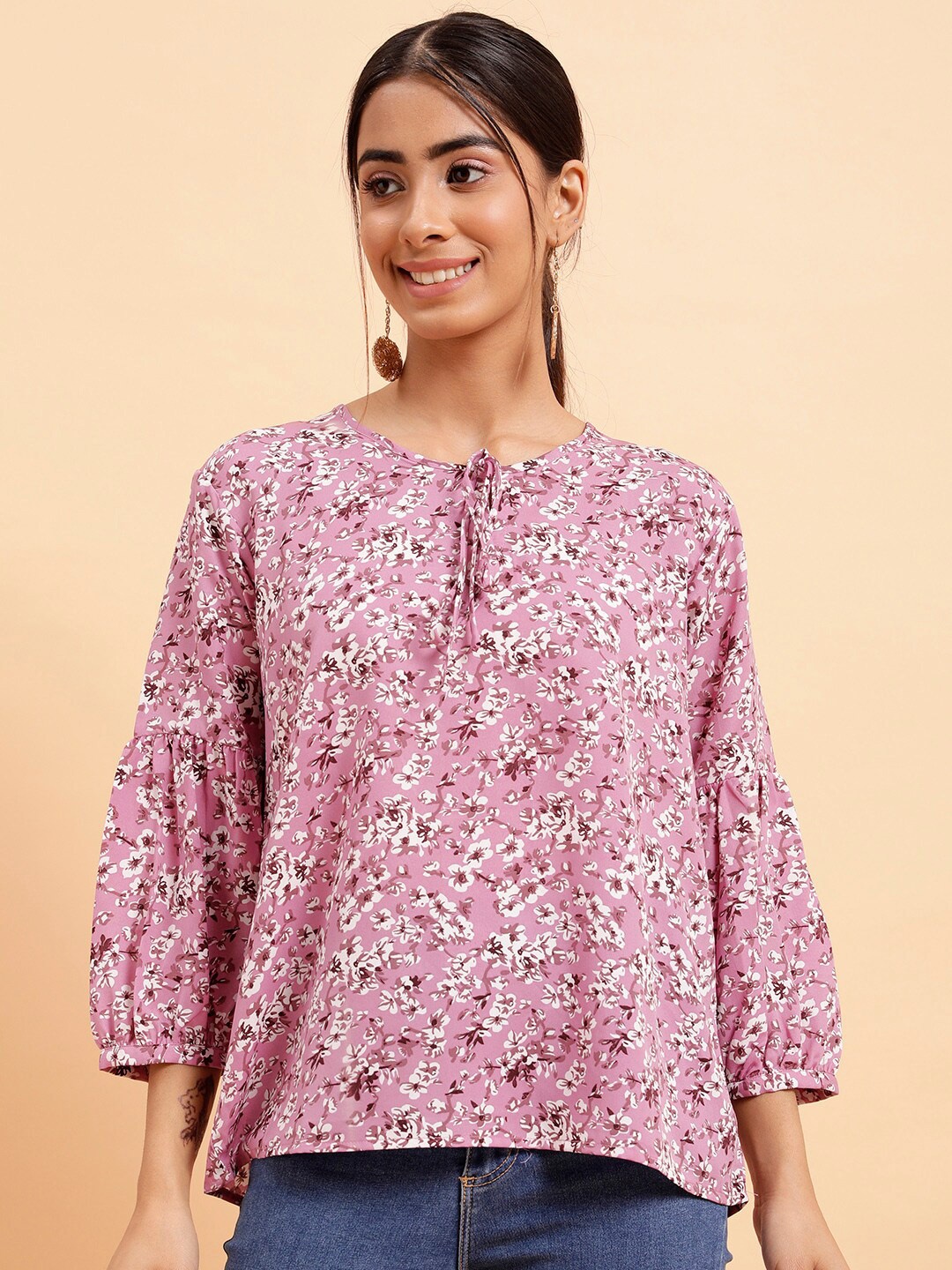 

MINT STREET Floral Print Puff Sleeve Crepe Top, Pink