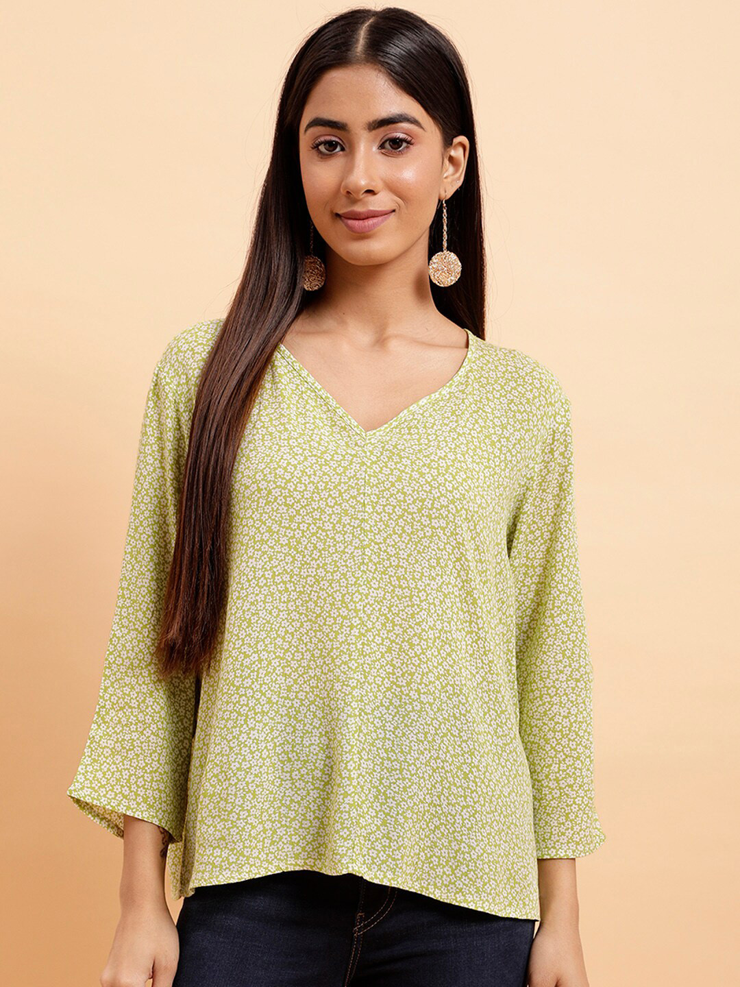 

MINT STREET Floral Printed V-Neck Top, Green