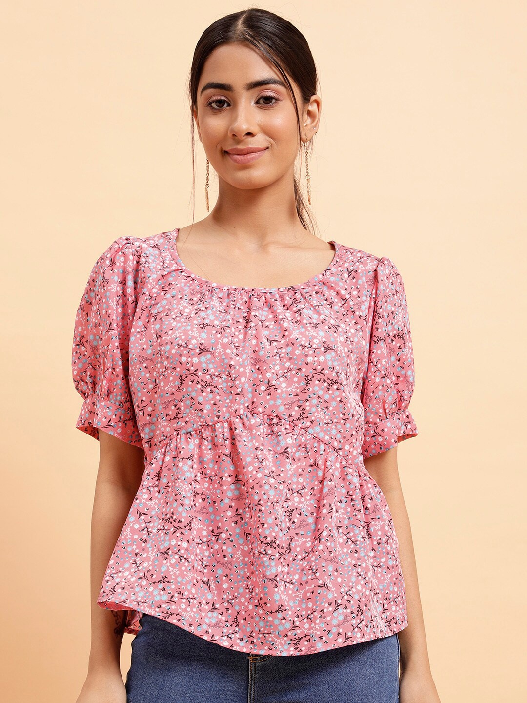 

MINT STREET Floral Printed Puff Sleeves Top, Pink