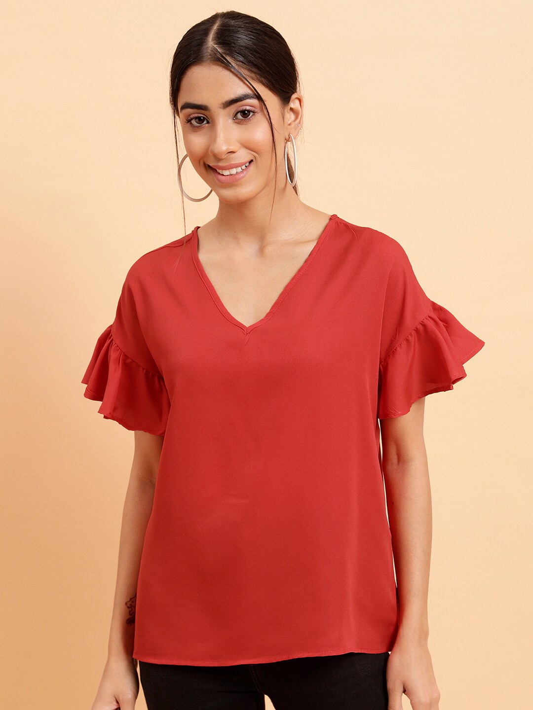 

MINT STREET V-Neck Extended Flared Sleeves Regular Top, Red