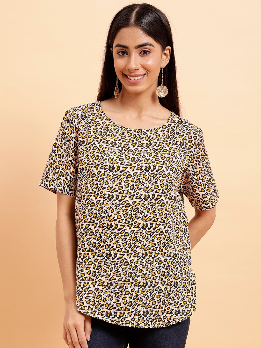 

MINT STREET Animal Printed Round Neck Regular Top, Yellow