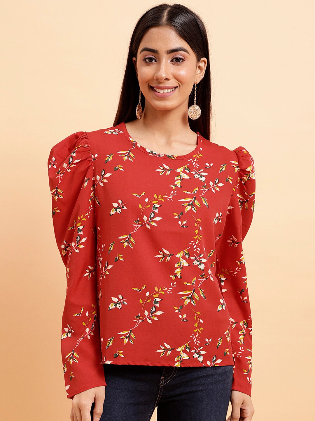 

MINT STREET Floral Printed Puff Sleeves Regular Top, Red