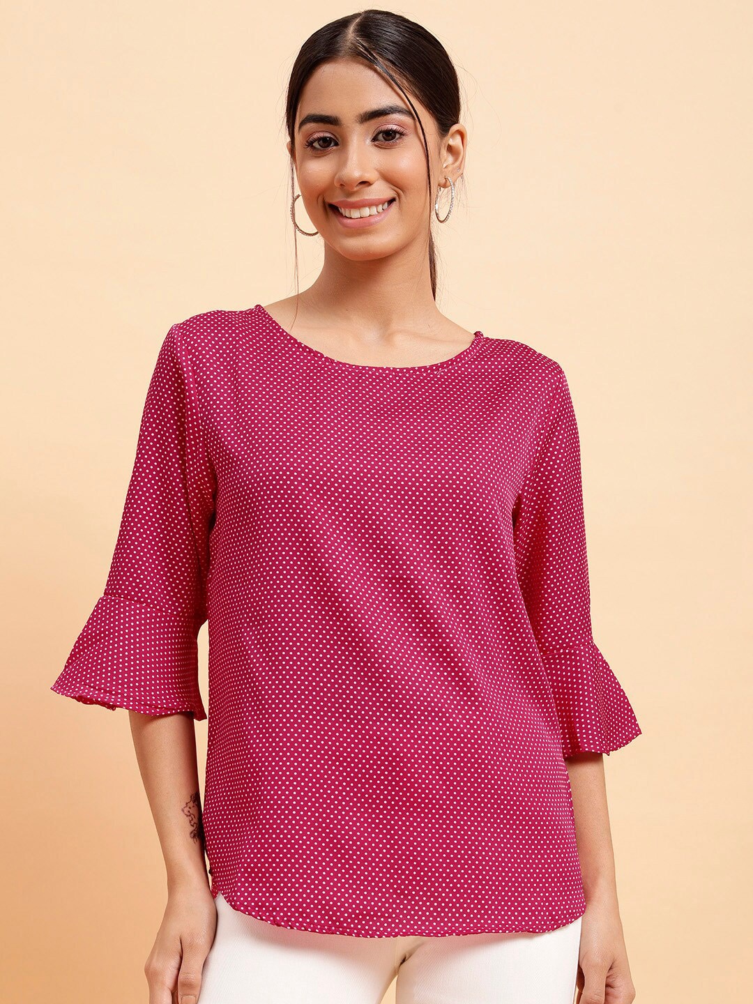 

MINT STREET Polka Dots Printed Bell Sleeve Top, Pink