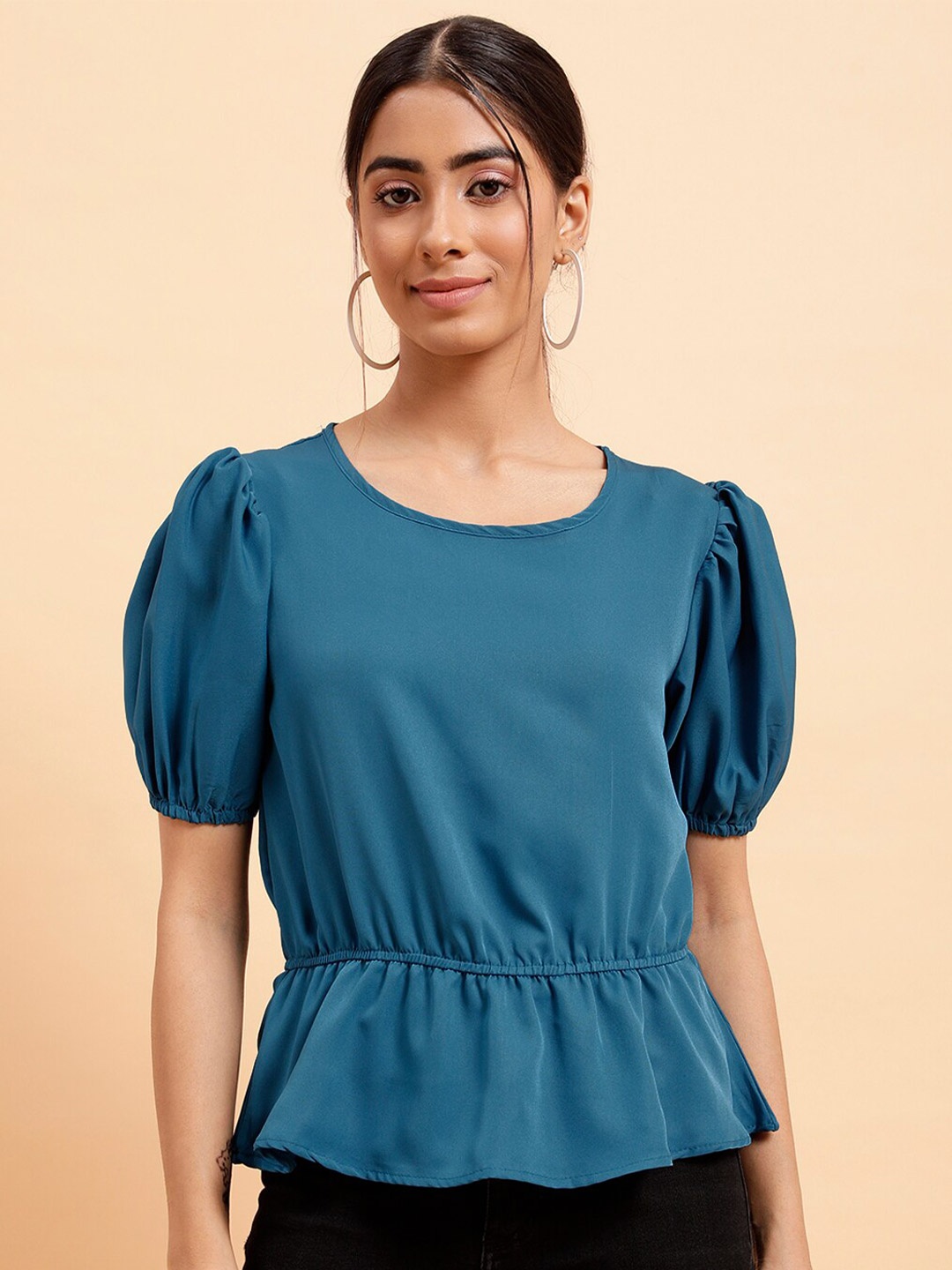 

MINT STREET Round Neck Puff Sleeve Peplum Top, Teal